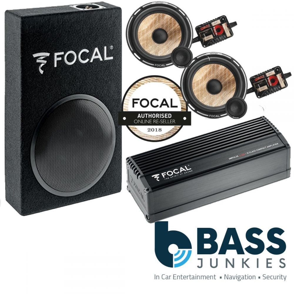 Focal 6.5" 280W 2-Way Component Car Speakers & 4 Channel Amplifier & 8" 250 Watts Bass Box Package