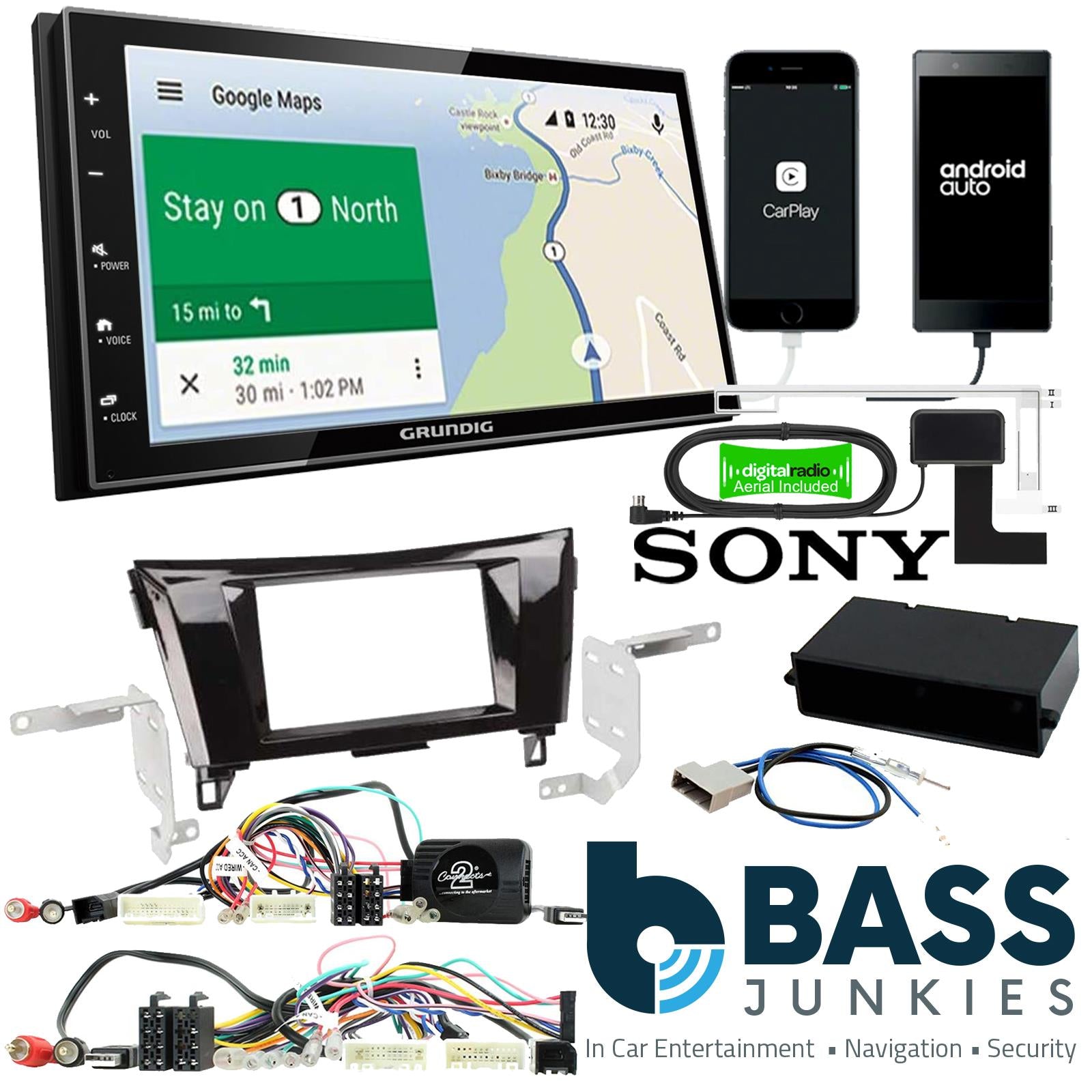 Grundig 6.8" Apple Android Double Din Stereo Fitting Kit + Steering Wheel Stalk Controls to fit Nissan Qashqai 2014-17