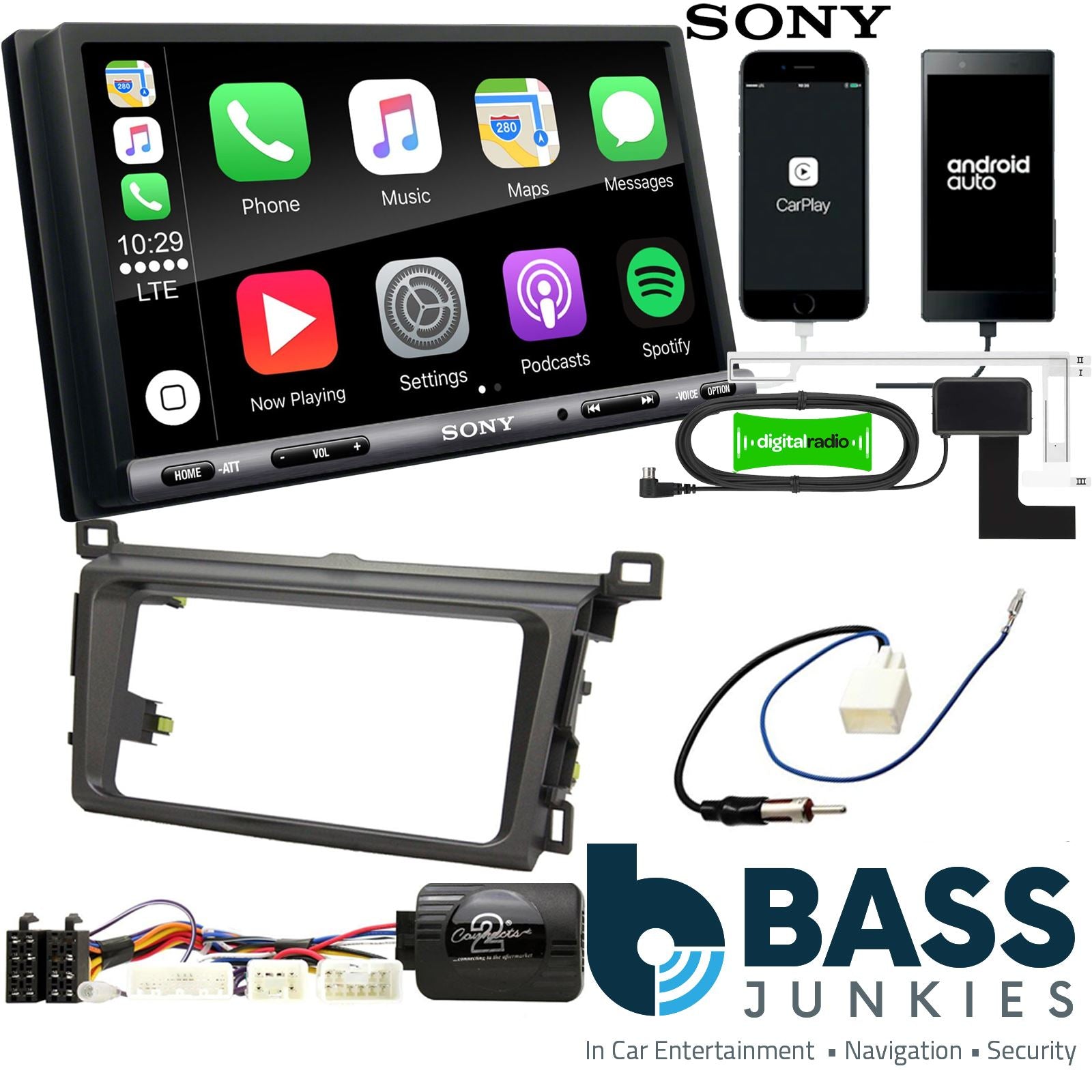 SONY DAB+ Apple | Android Double Din Stereo Fitting Kit + Steering Wheel Stalk Controls to fit Toyota RAV4 2013-18