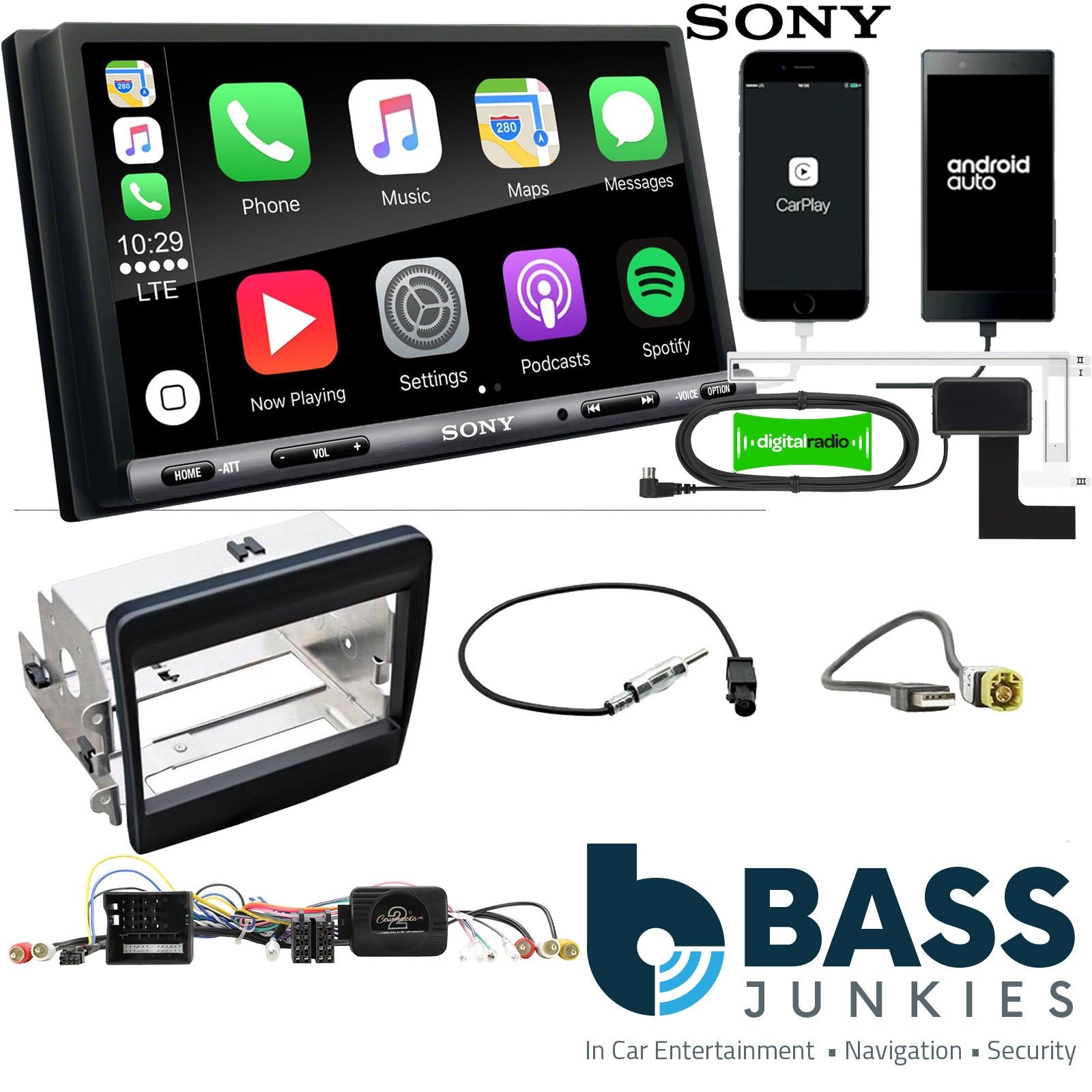SONY DAB+ Apple | Android Double Din Stereo Fitting Kit + Steering Wheel Stalk Controls to fit Porsche 911 2011-16