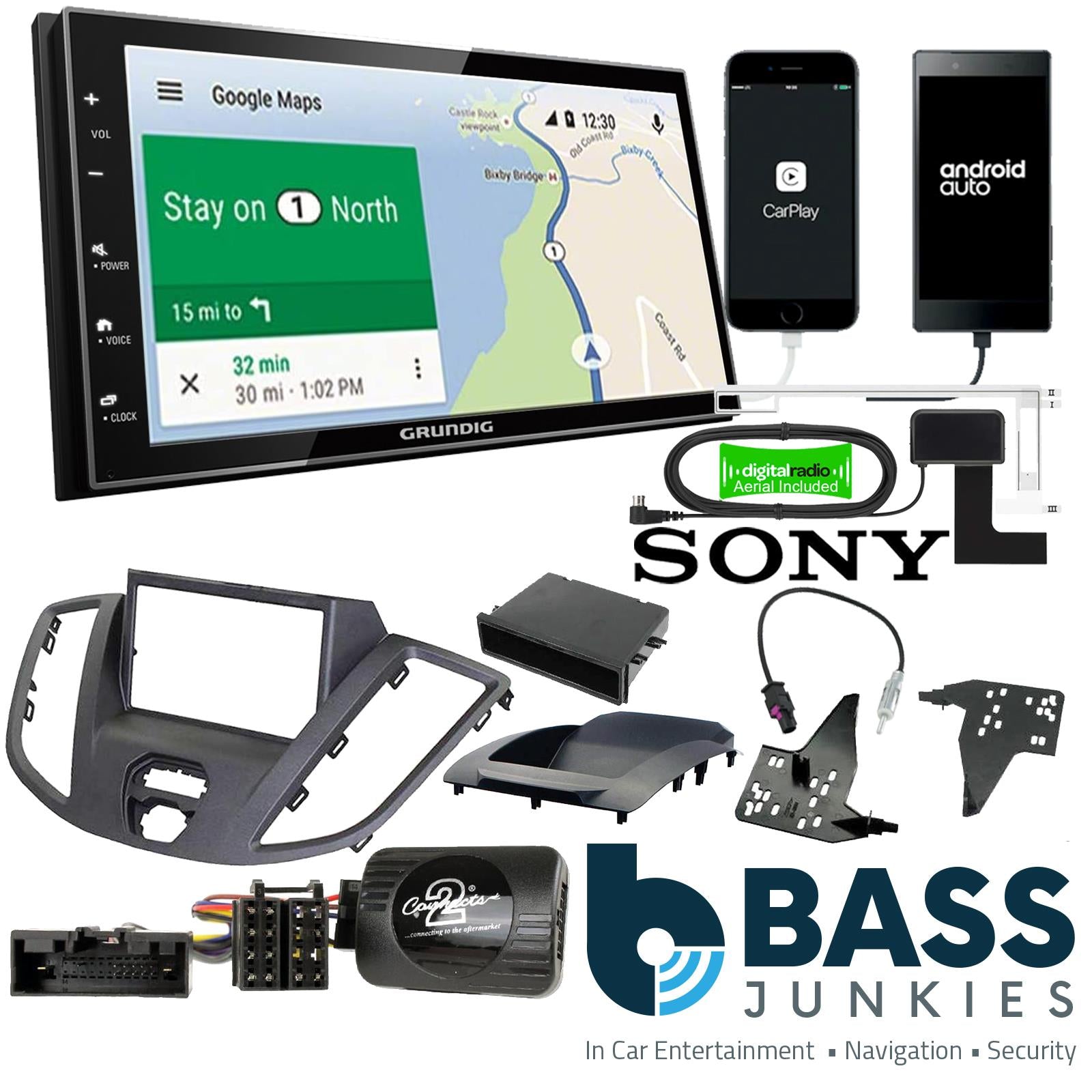 Grundig 6.8" Apple Android Double Din Stereo Fitting Kit + Steering Wheel Stalk Controls to fit Ford Transit 2015-21