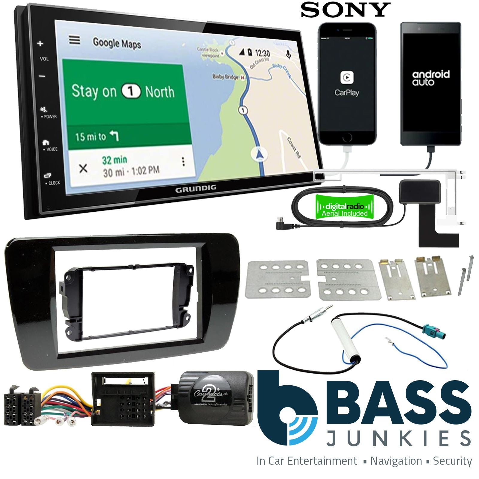Grundig 6.8" Apple Android Double Din Stereo Fitting Kit + Steering Wheel Stalk Controls to fit Seat Ibiza 2008-14