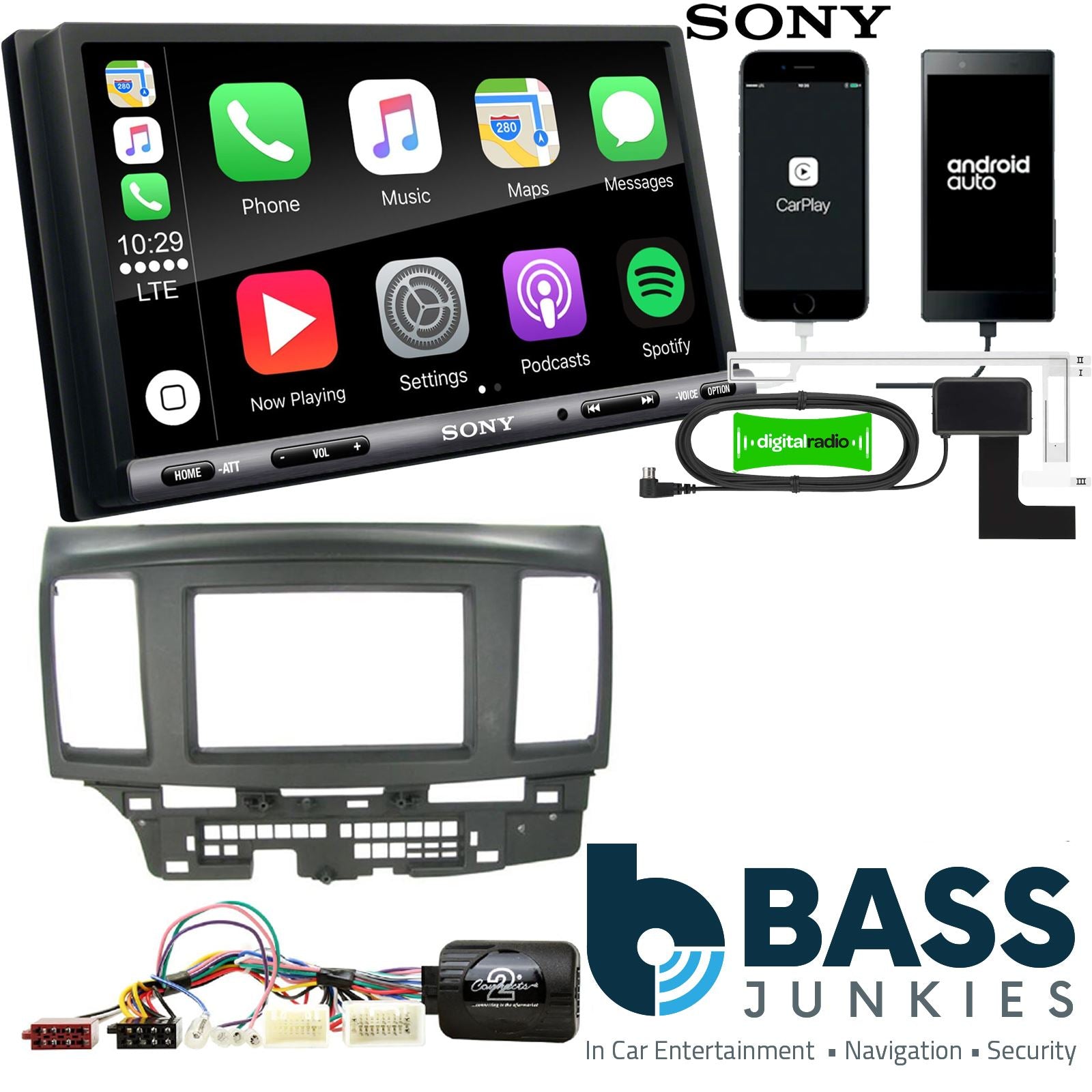SONY DAB+ Apple | Android Double Din Stereo Fitting Kit + Steering Wheel Stalk Controls to fit Mitsubishi Lancer 2008-10