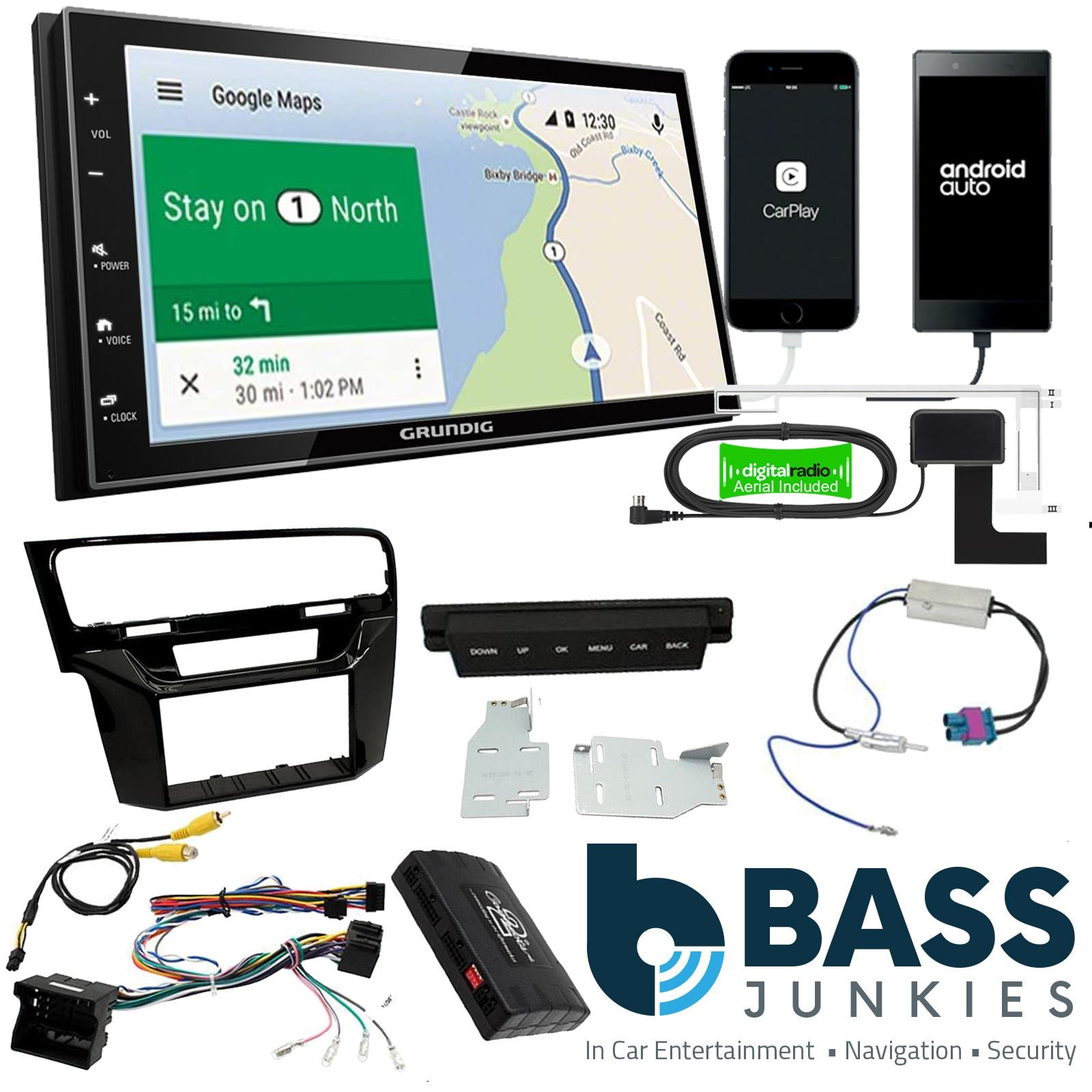 Grundig 6.8" Apple Android Double Din Stereo Fitting Kit + Steering Wheel Stalk Controls to fit VW Golf 2012-18