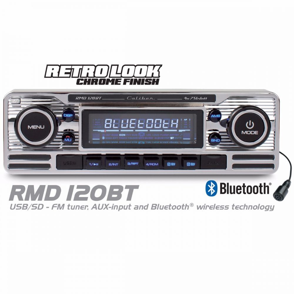 Caliber CALRMD120BT - Mechless Retro Style Bluetooth USB AUX SD Car Stereo Radio Player in Chrome Finish