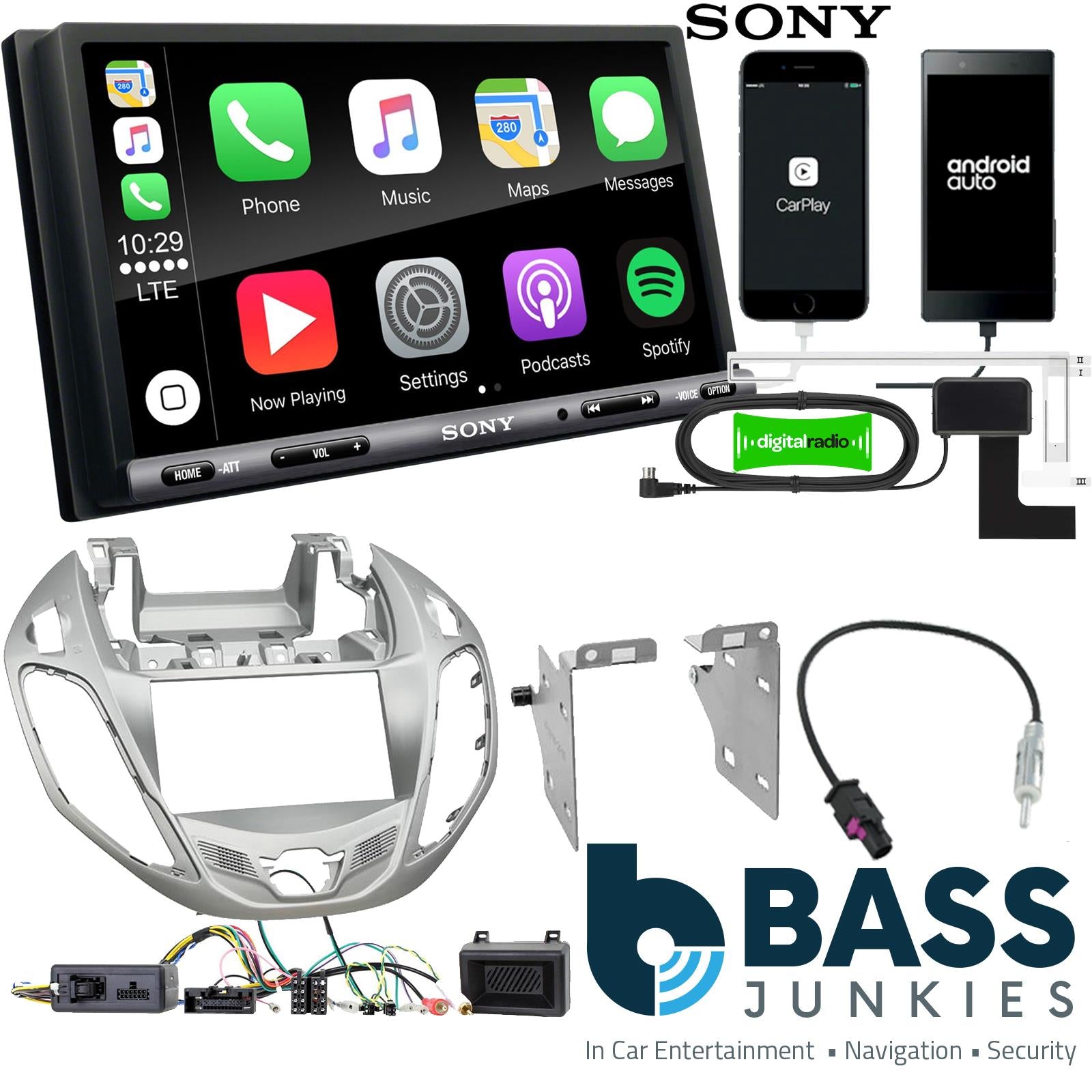 SONY DAB+ Apple | Android Double Din Stereo Fitting Kit + Steering Wheel Stalk Controls to fit Ford B-Max 2012-17
