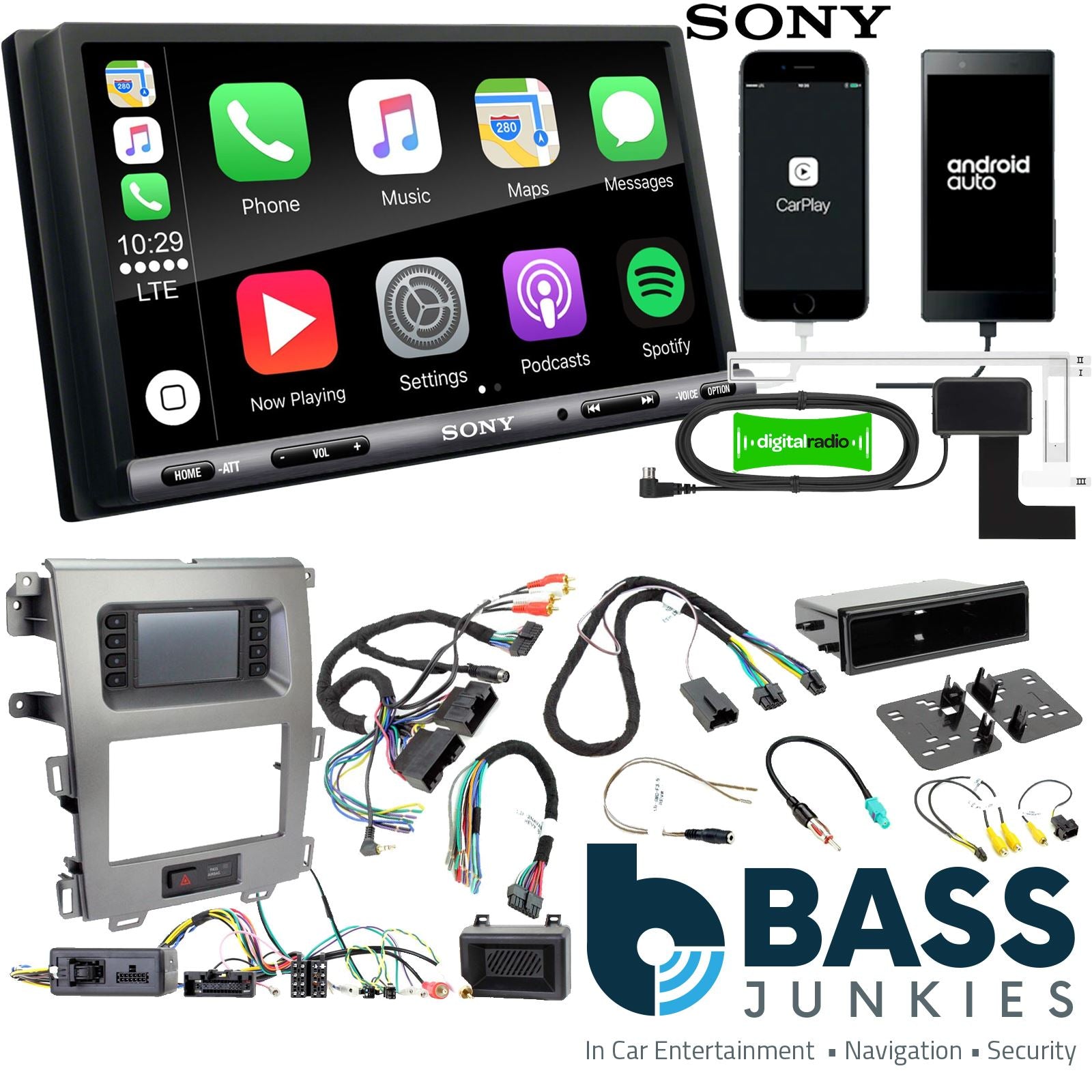 SONY DAB+ Apple | Android Double Din Stereo Fitting Kit + Steering Wheel Stalk Controls to fit Ford Edge 2011-15