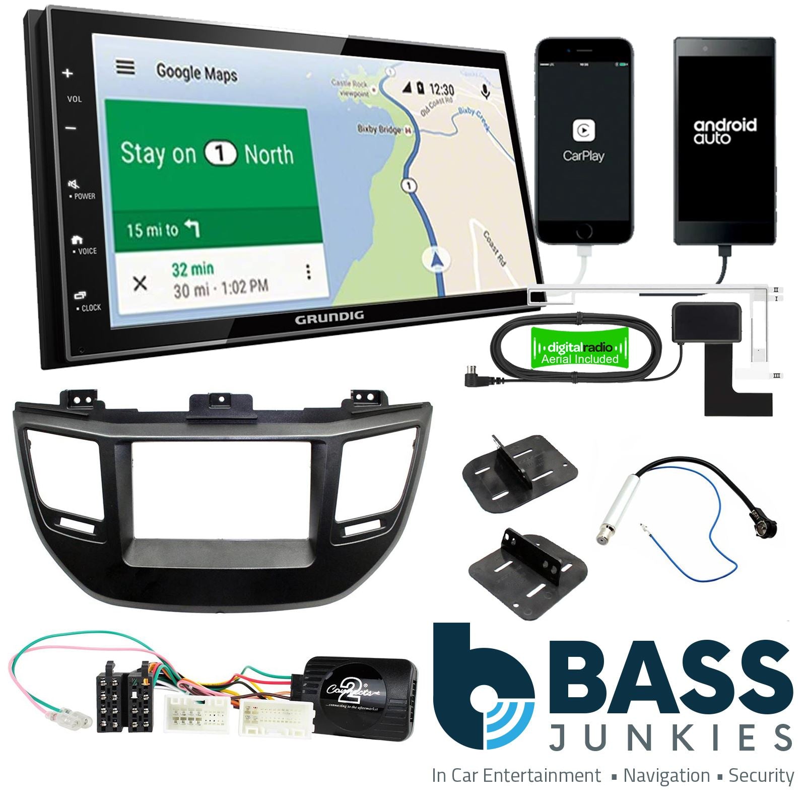 Grundig 6.8" Apple Android Double Din Stereo Fitting Kit + Steering Wheel Stalk Controls to fit Hyundai Tucson 2015-21