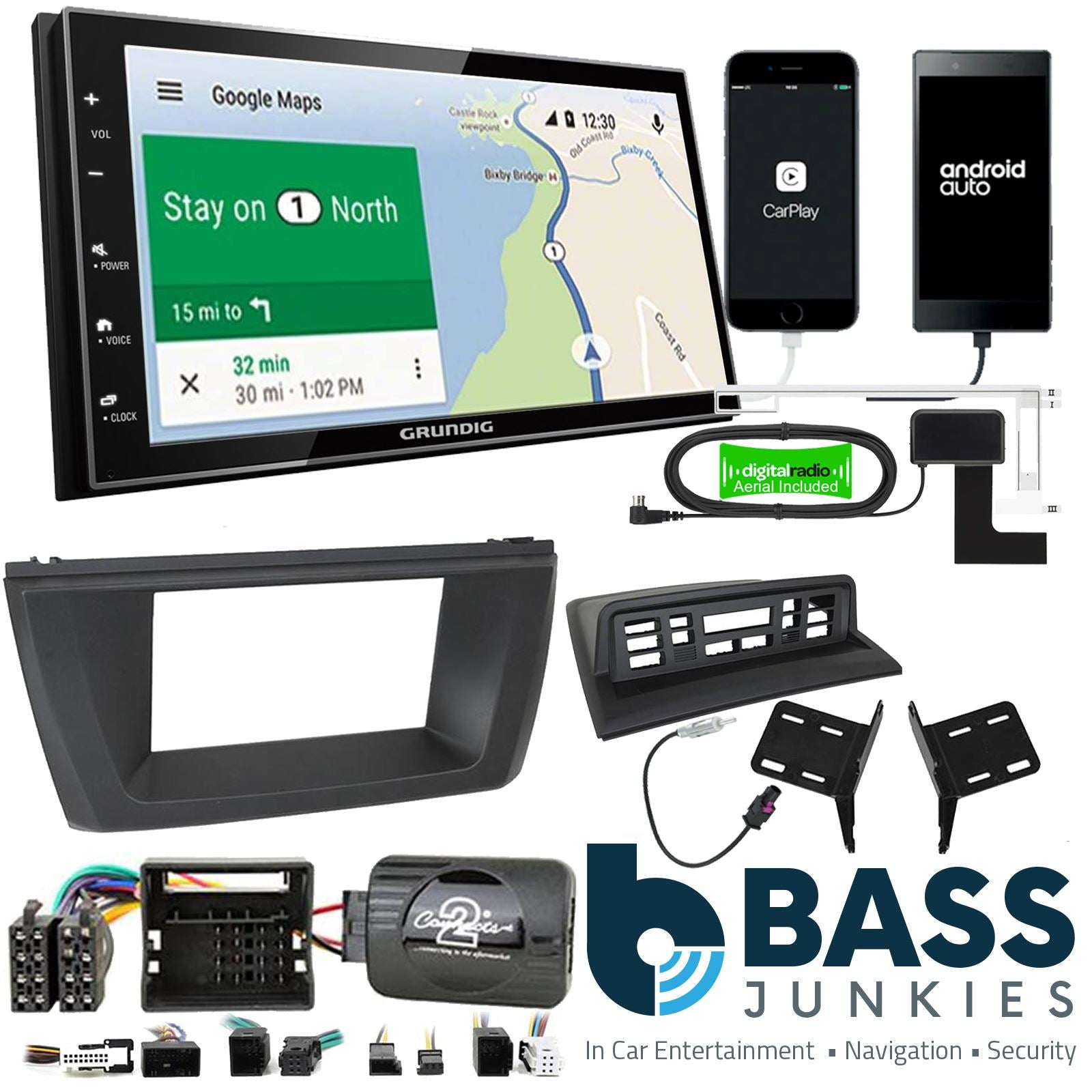 Grundig 6.8" Apple Android Double Din Stereo Fitting Kit + Steering Wheel Stalk Controls to fit BMW X3 2003-10