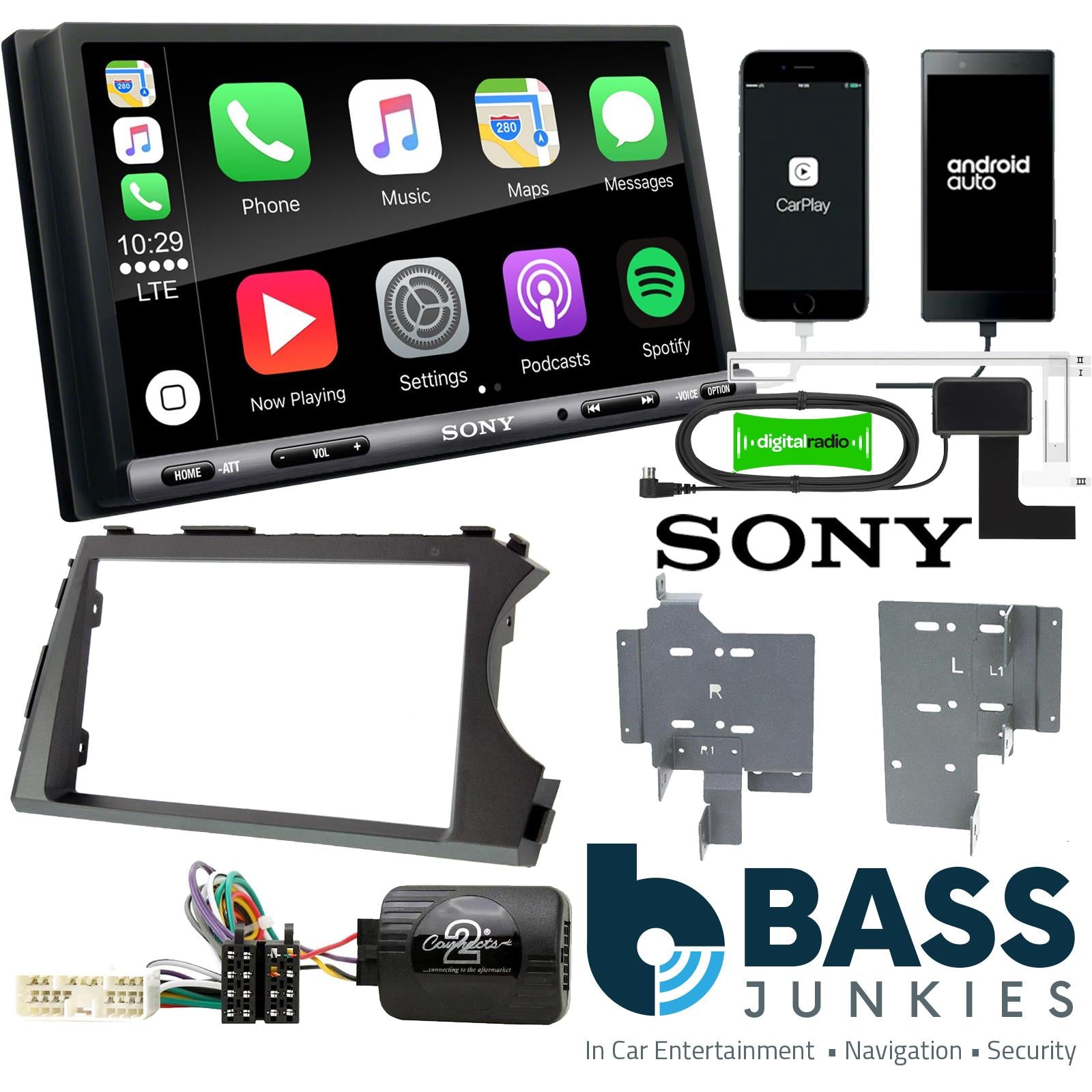 SONY DAB+ Apple | Android Double Din Stereo Fitting Kit + Steering Wheel Stalk Controls to fit SsangYong Korando-Sport 10-13