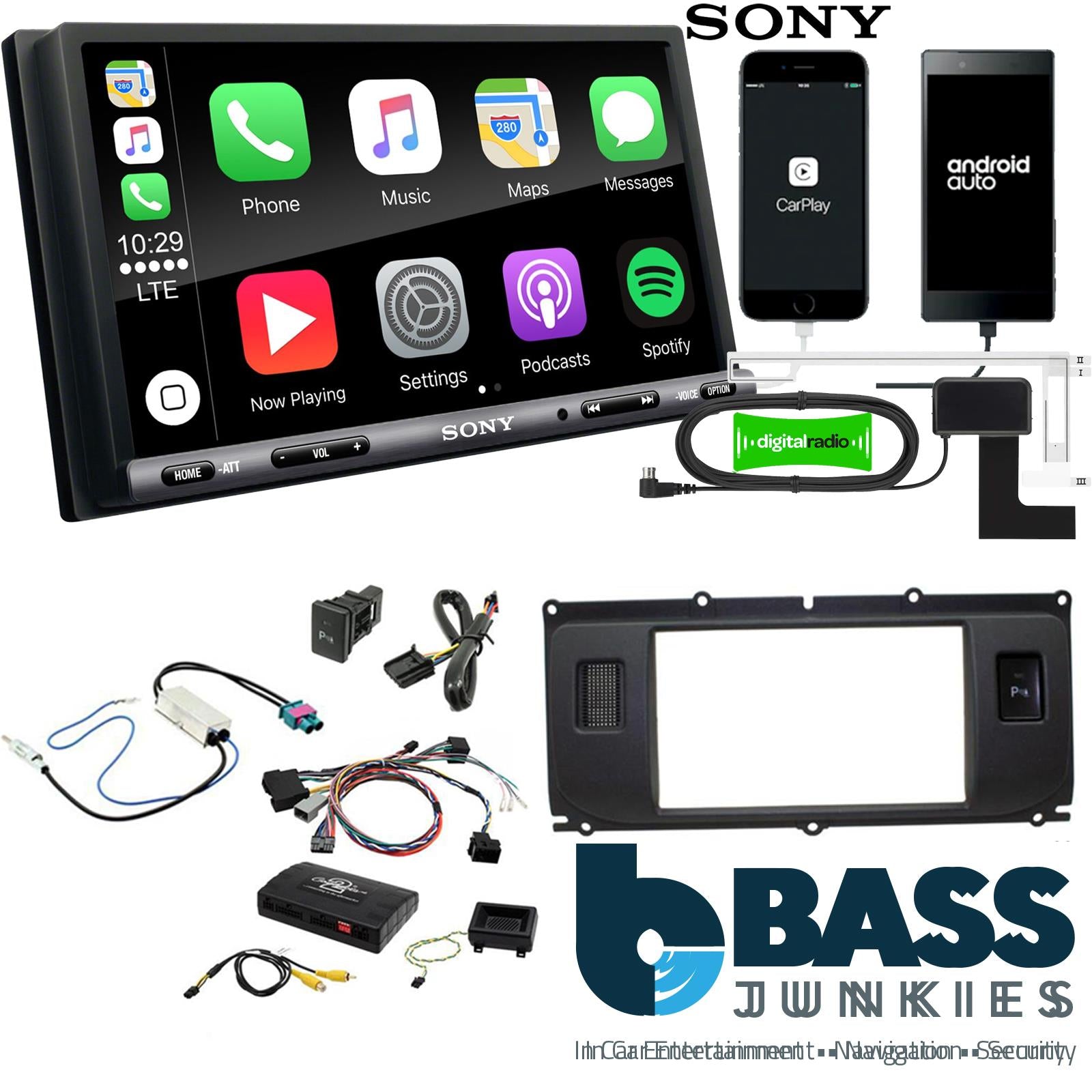 SONY DAB+ Apple | Android Double Din Stereo Fitting Kit + Steering Wheel Stalk Controls to fit Land Rover Evoque 11-15
