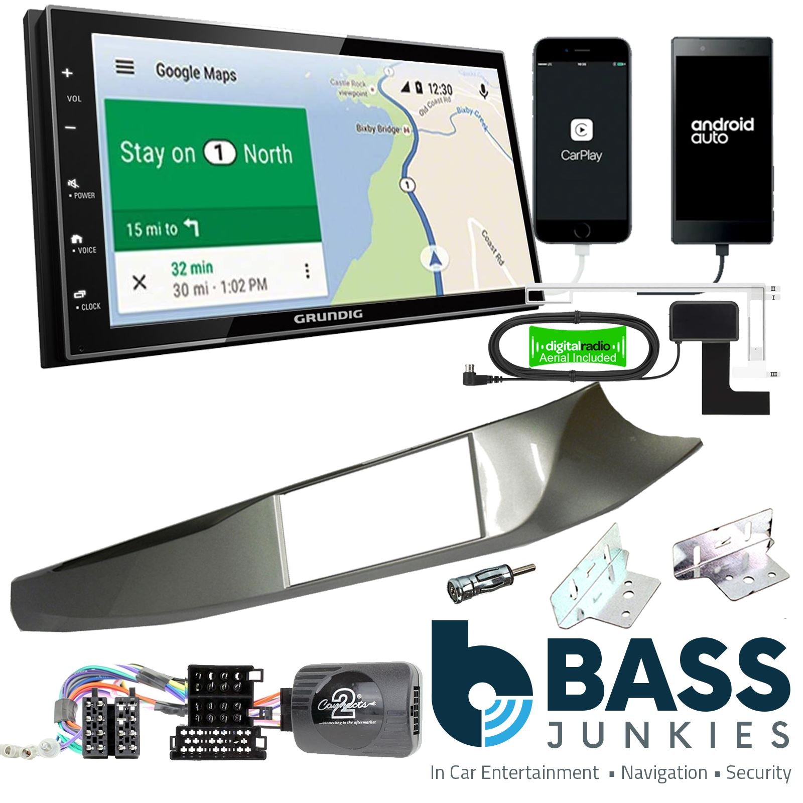 Grundig 6.8" Apple Android Double Din Stereo Fitting Kit + Steering Wheel Stalk Controls to fit Alfa Romeo Giulietta 10-14