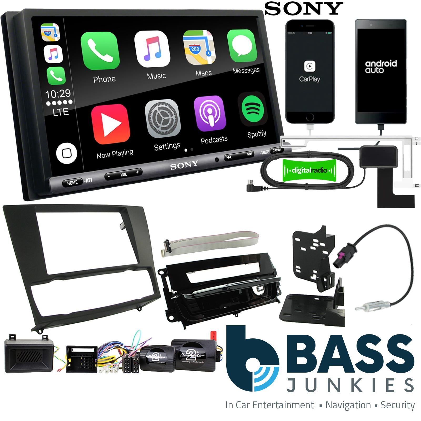 SONY DAB+ Apple | Android Double Din Stereo Fitting Kit + Steering Wheel Stalk Controls to fit BMW 3-Series 2005-12