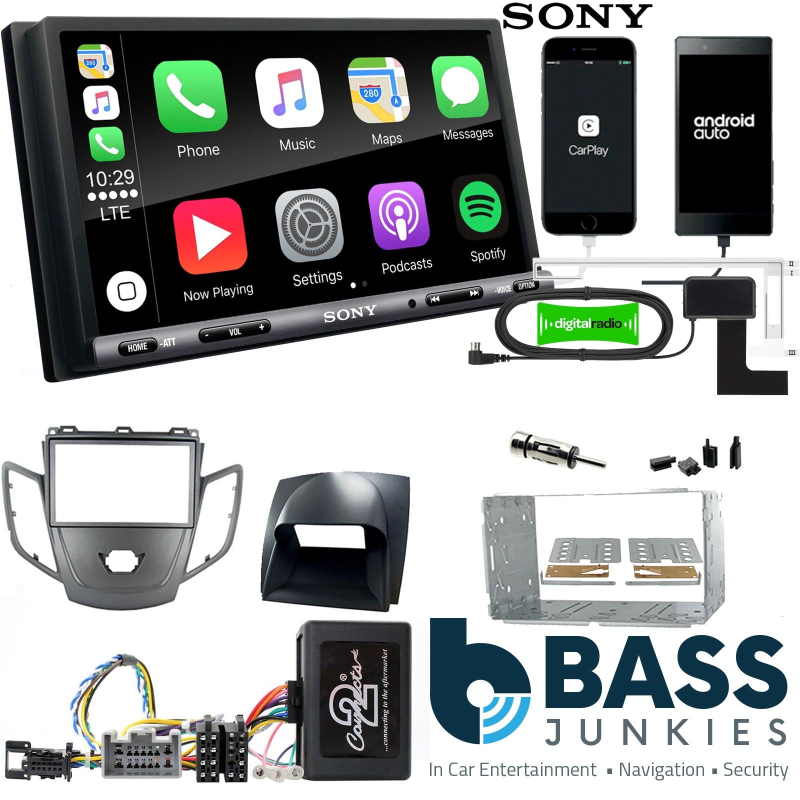 SONY DAB+ Apple | Android Double Din Stereo Fitting Kit + Steering Wheel Stalk Controls to fit Ford Fiesta 2008-10