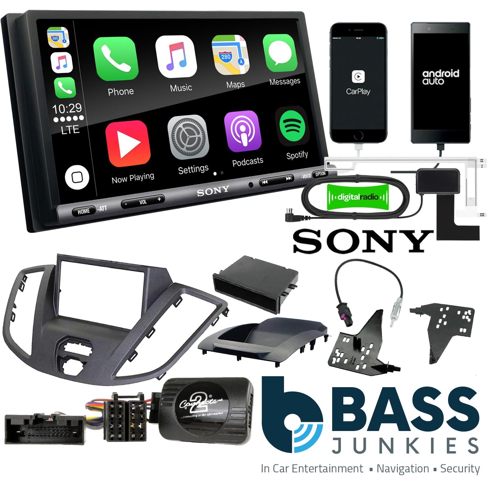 SONY DAB+ Apple | Android Double Din Stereo Fitting Kit + Steering Wheel Stalk Controls to fit Ford Transit 2015-21