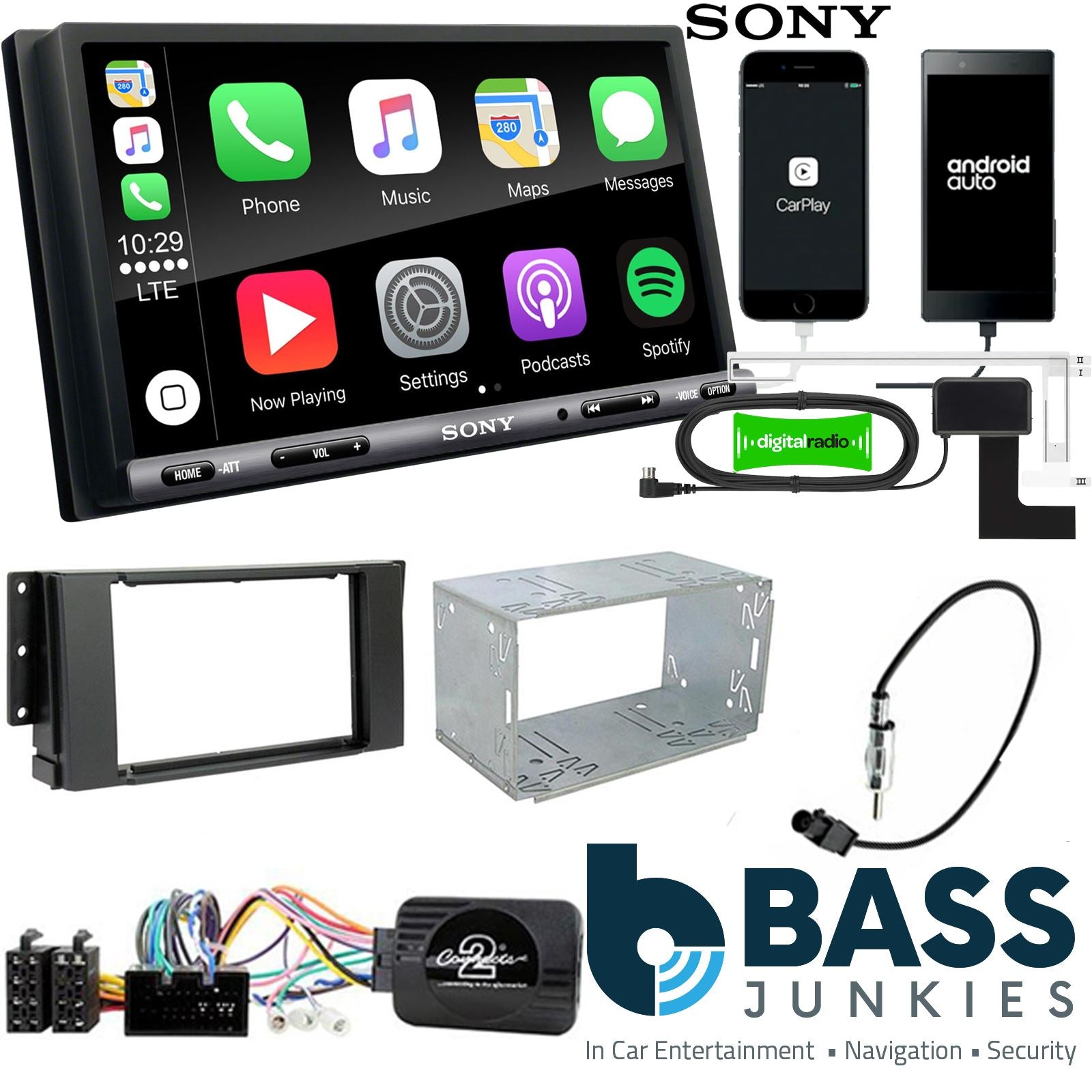 SONY DAB+ Apple | Android Double Din Stereo Fitting Kit + Steering Wheel Stalk Controls to fit Land Rover Freelander 06-14 | Land Rover Range-Rover-Sport 05-09