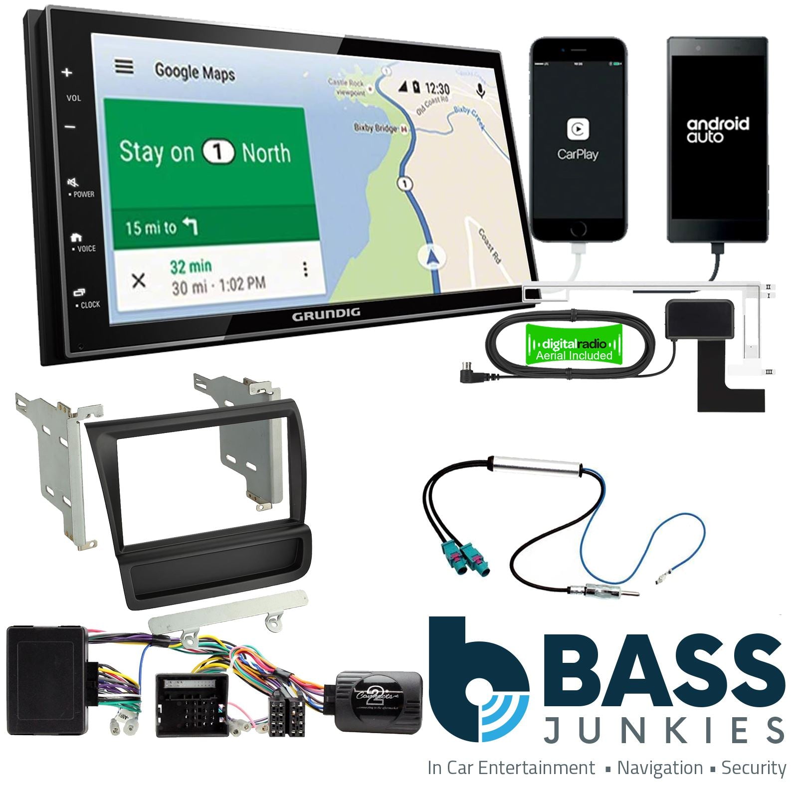 Grundig 6.8" Apple Android Double Din Stereo Fitting Kit + Steering Wheel Stalk Controls to fit Audi R8 2007-15