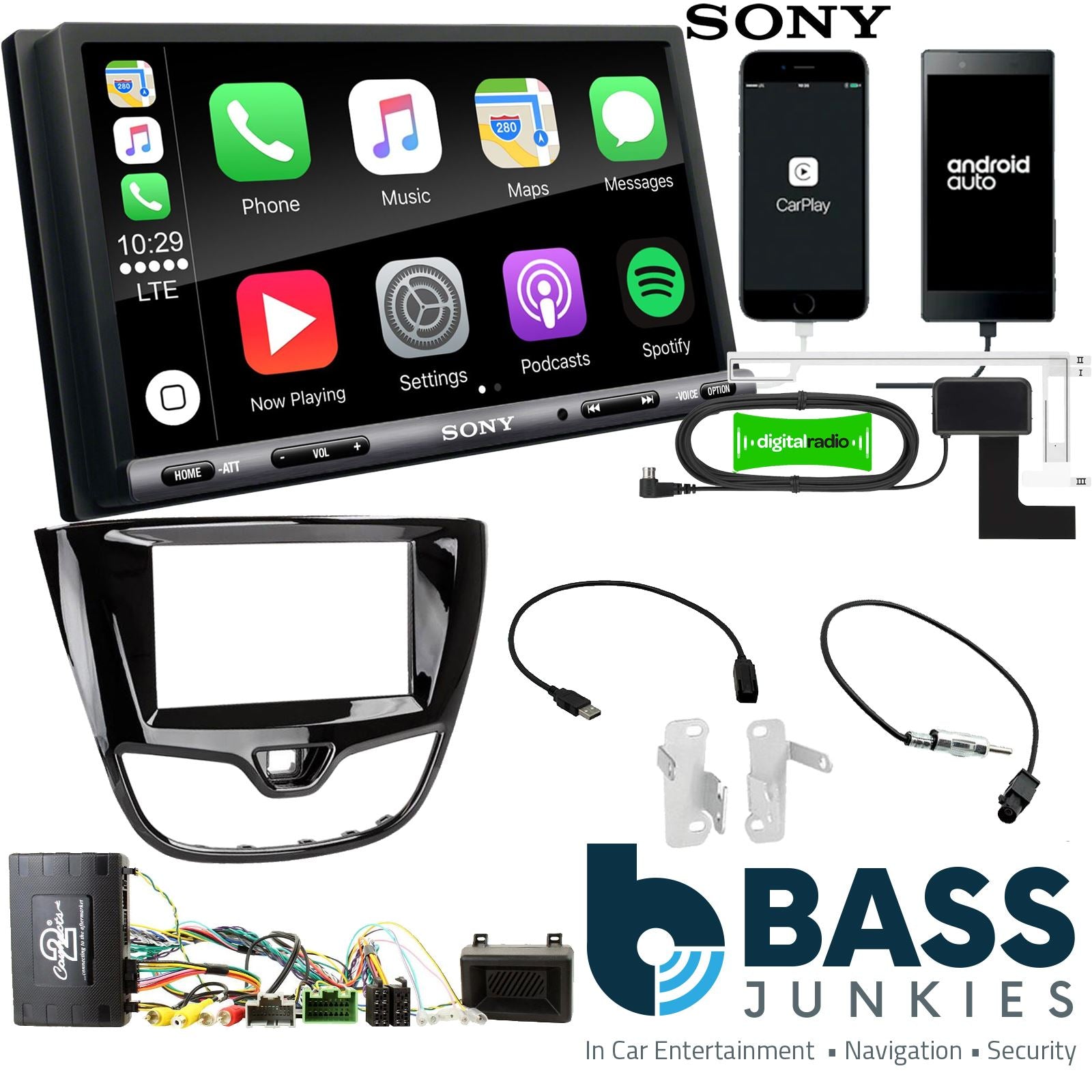 SONY DAB+ Apple | Android Double Din Stereo Fitting Kit + Steering Wheel Stalk Controls to fit Opel Karl 2015- | Vauxhall Viva 2015-