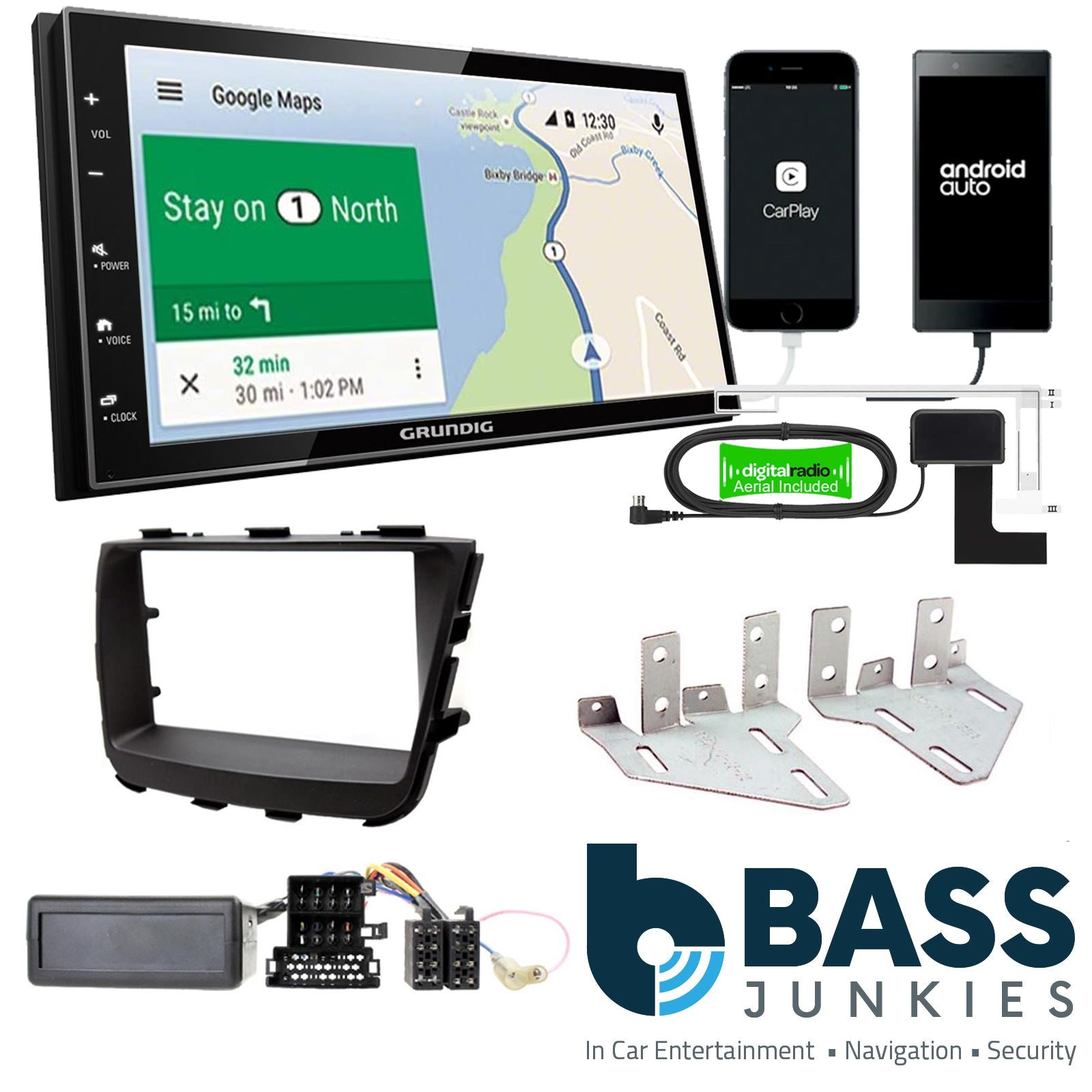 Grundig 6.8" Apple Android Double Din Stereo Fitting Kit + Steering Wheel Stalk Controls to fit Kia Sorento 2013-21