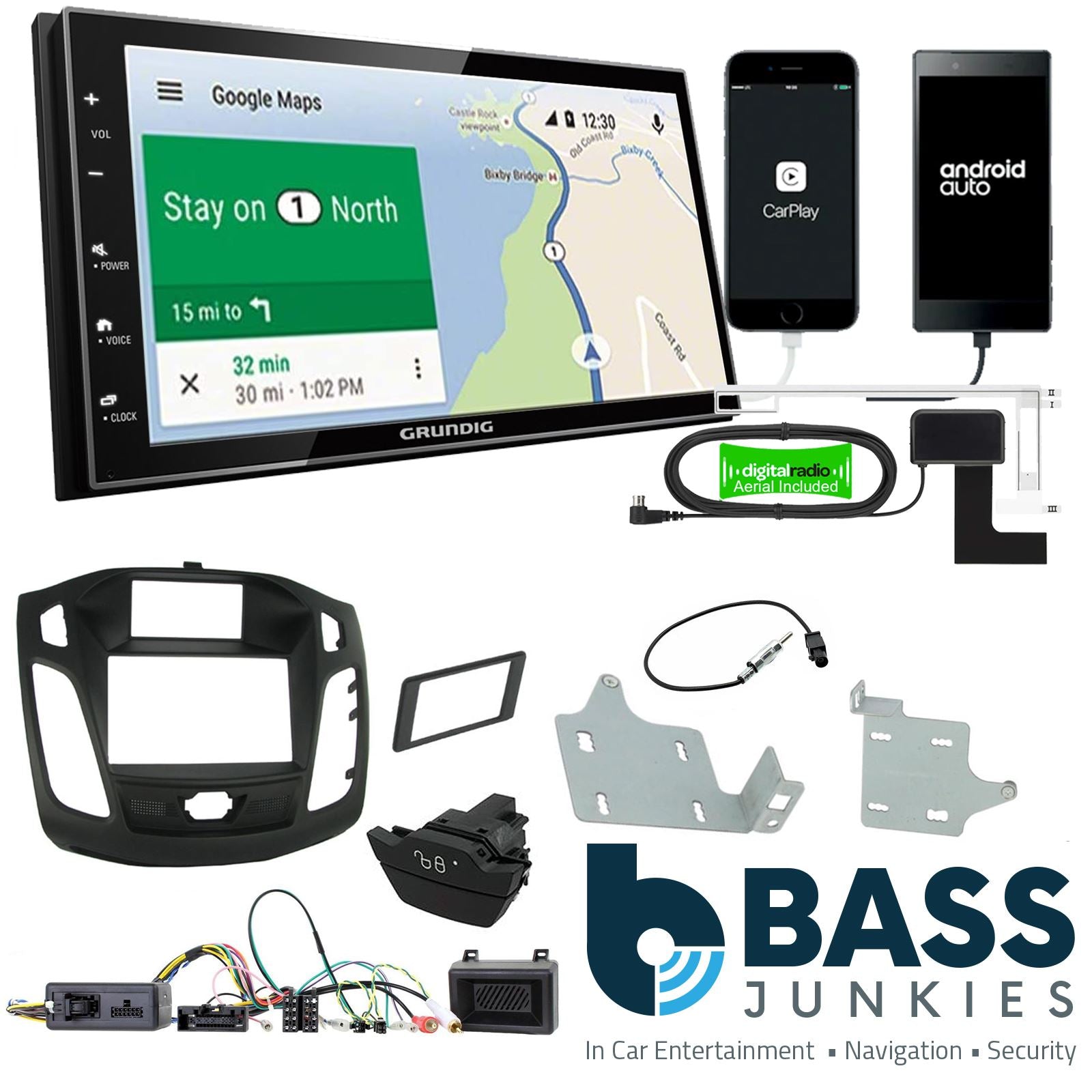 Grundig 6.8" Apple Android Double Din Stereo Fitting Kit + Steering Wheel Stalk Controls to fit Ford Focus 2011-15