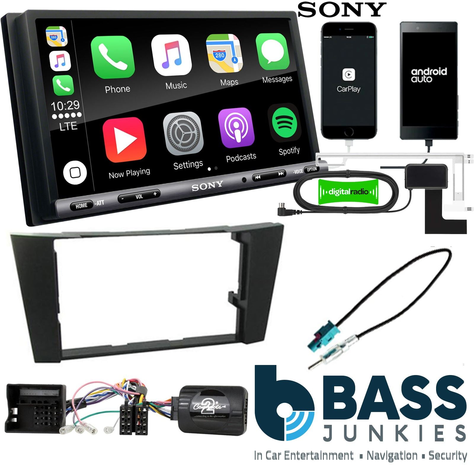 SONY DAB+ Apple | Android Double Din Stereo Fitting Kit + Steering Wheel Stalk Controls to fit Mercedes CLS 2005-10