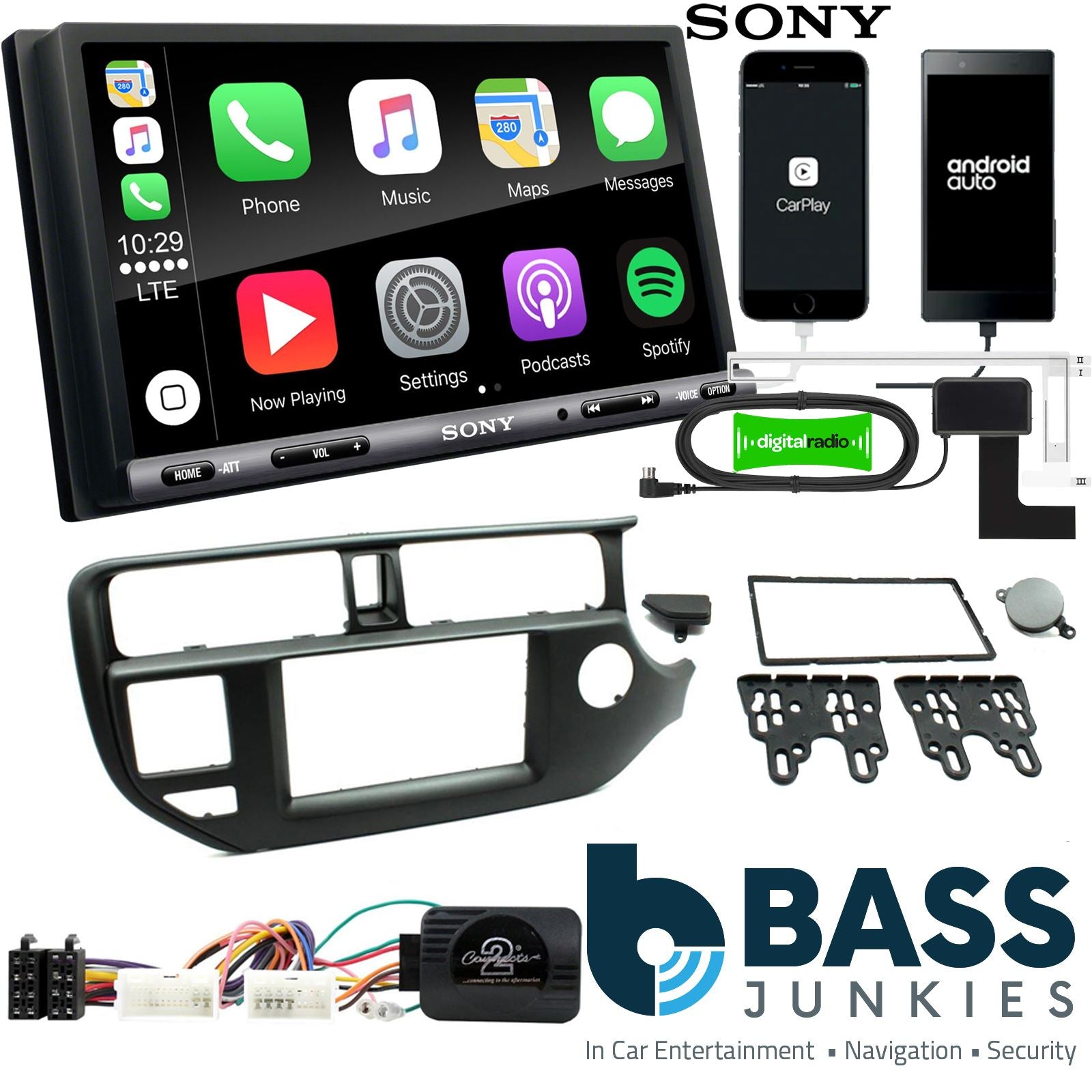SONY DAB+ Apple | Android Double Din Stereo Fitting Kit + Steering Wheel Stalk Controls to fit Kia Rio 2011-17