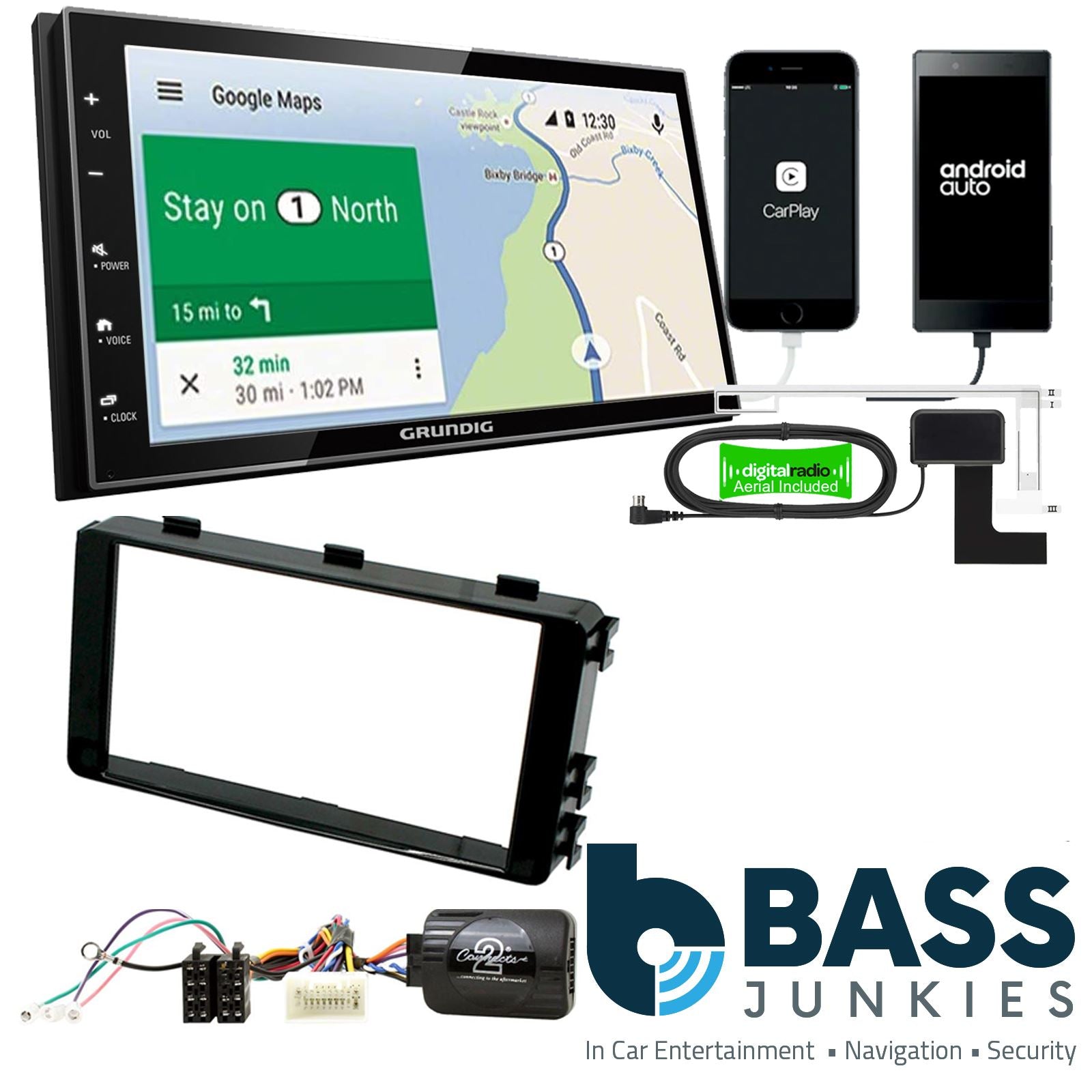 Grundig 6.8" Apple Android Double Din Stereo Fitting Kit + Steering Wheel Stalk Controls to fit Mitsubishi Outlander 13-21