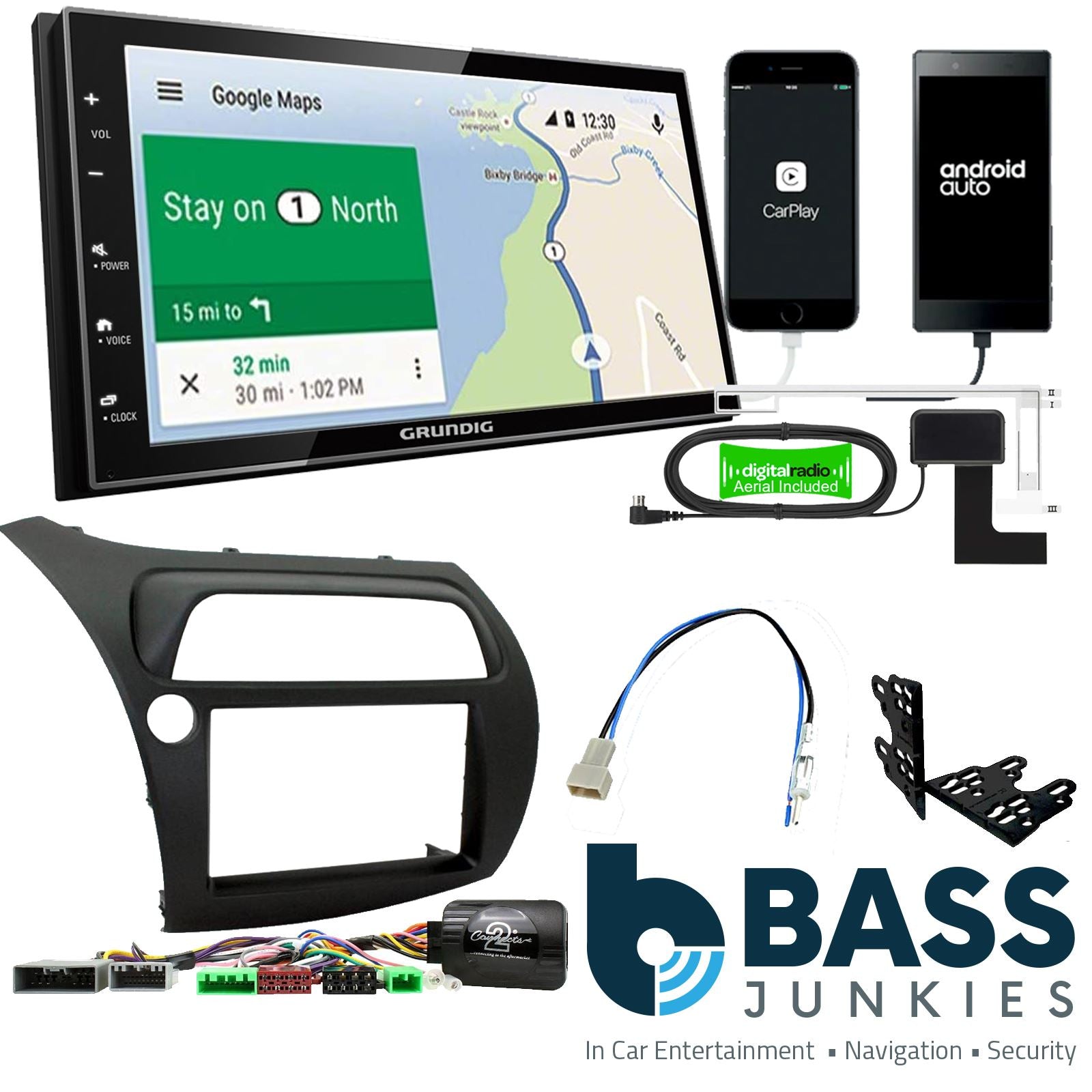 Grundig 6.8" Apple Android Double Din Stereo Fitting Kit + Steering Wheel Stalk Controls to fit Honda Civic 2006-11