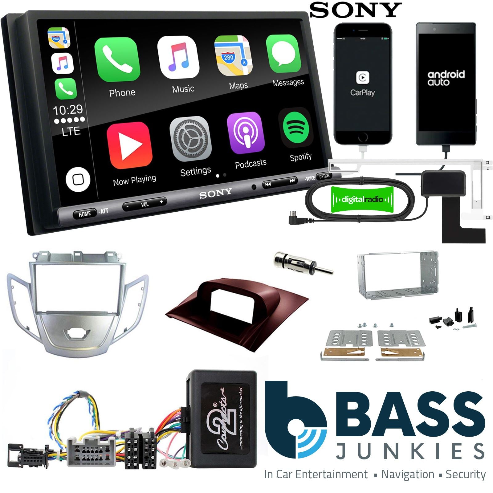 SONY DAB+ Apple | Android Double Din Stereo Fitting Kit + Steering Wheel Stalk Controls to fit Ford Fiesta 2008-10