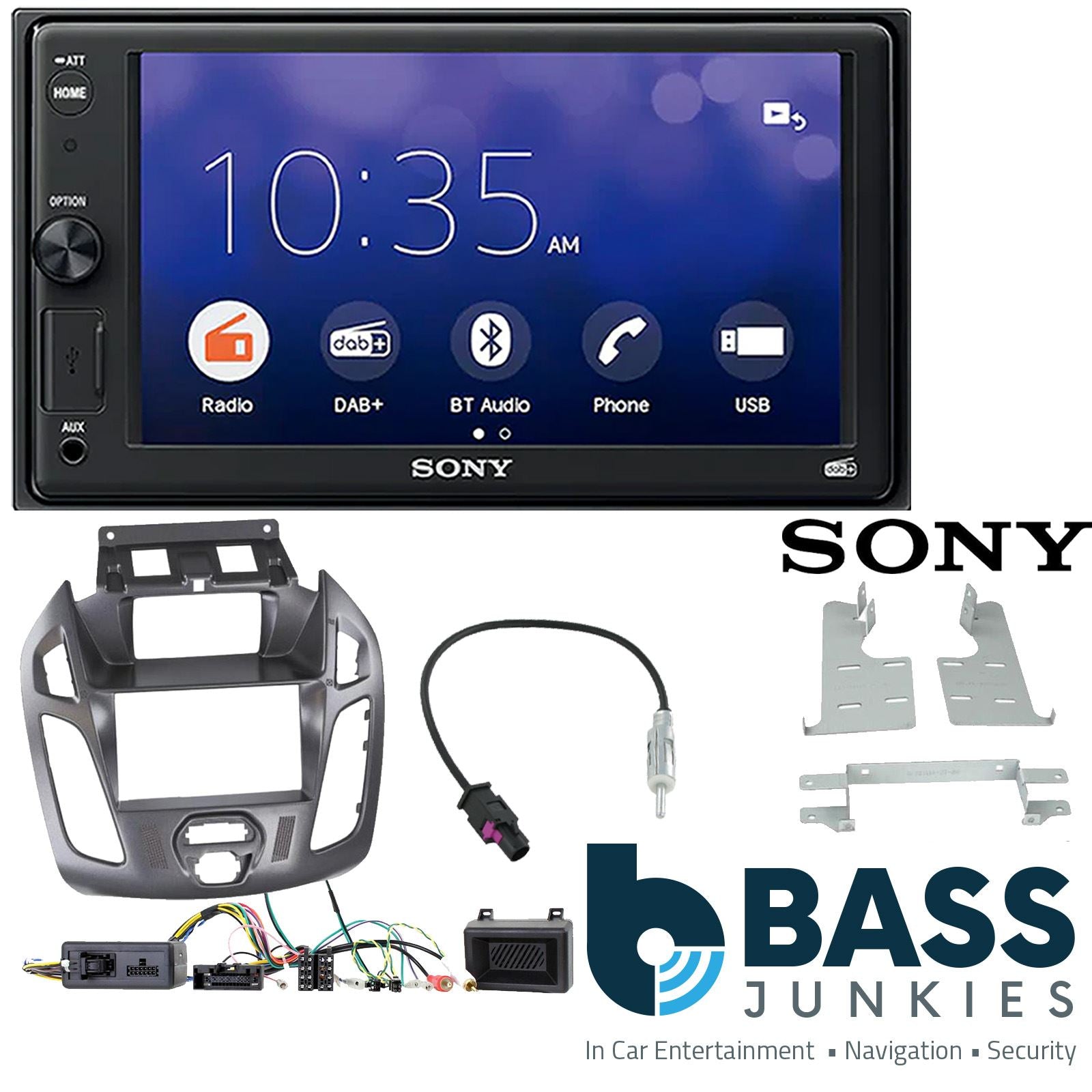 SONY XAV-1550D DAB+ Smart Bluetooth Car Radio + Stereo fitting kit + Steering Wheel Controls Loom for Ford Transit-Connect 2013-2021