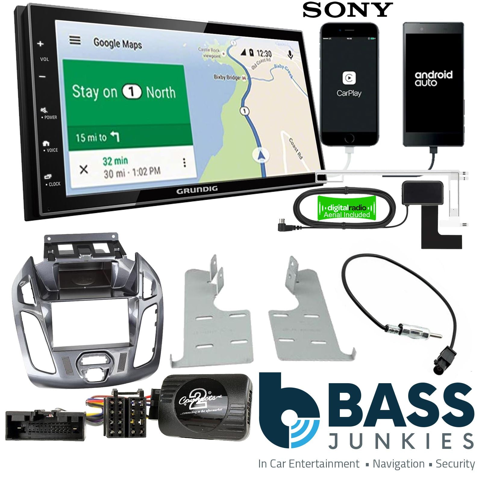 Grundig 6.8" Apple Android Double Din Stereo Fitting Kit + Steering Wheel Stalk Controls to fit Ford Transit-Connect 13-21