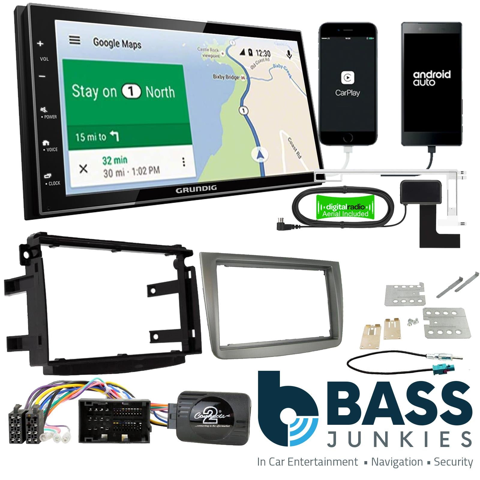 Grundig 6.8" Apple Android Double Din Stereo Fitting Kit + Steering Wheel Stalk Controls to fit Alfa Romeo Mito 2014-2018