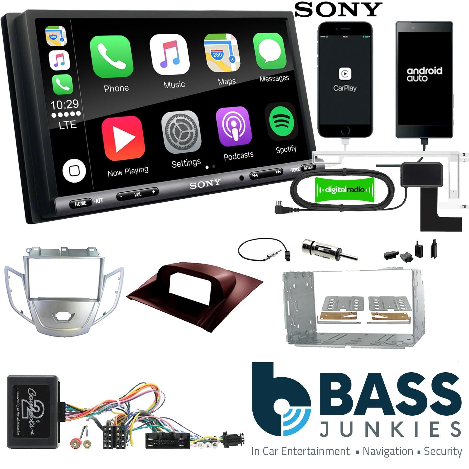 SONY DAB+ Apple | Android Double Din Stereo Fitting Kit + Steering Wheel Stalk Controls to fit Ford Fiesta 2010-12