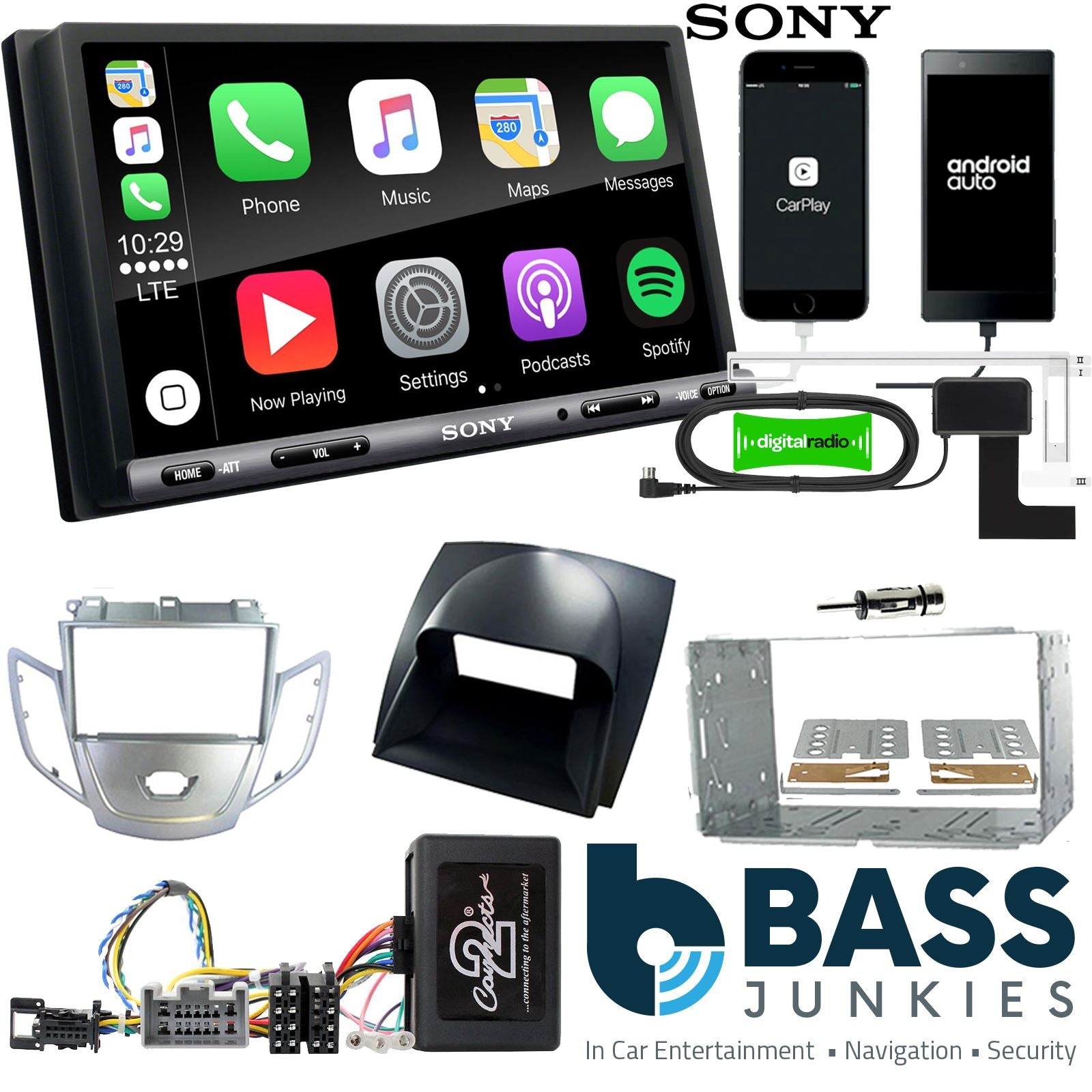 SONY DAB+ Apple | Android Double Din Stereo Fitting Kit + Steering Wheel Stalk Controls to fit Ford Fiesta 2008-10