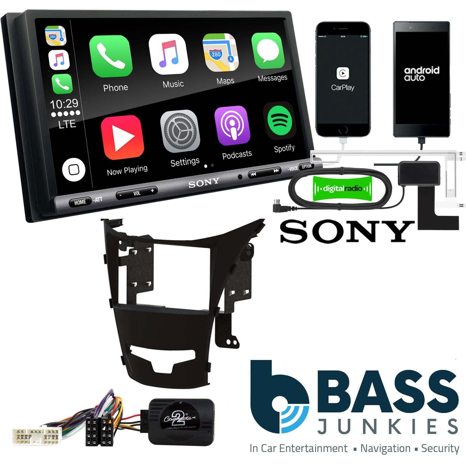 SONY DAB+ Apple | Android Double Din Stereo Fitting Kit + Steering Wheel Stalk Controls to fit SsangYong Korando 2013-17