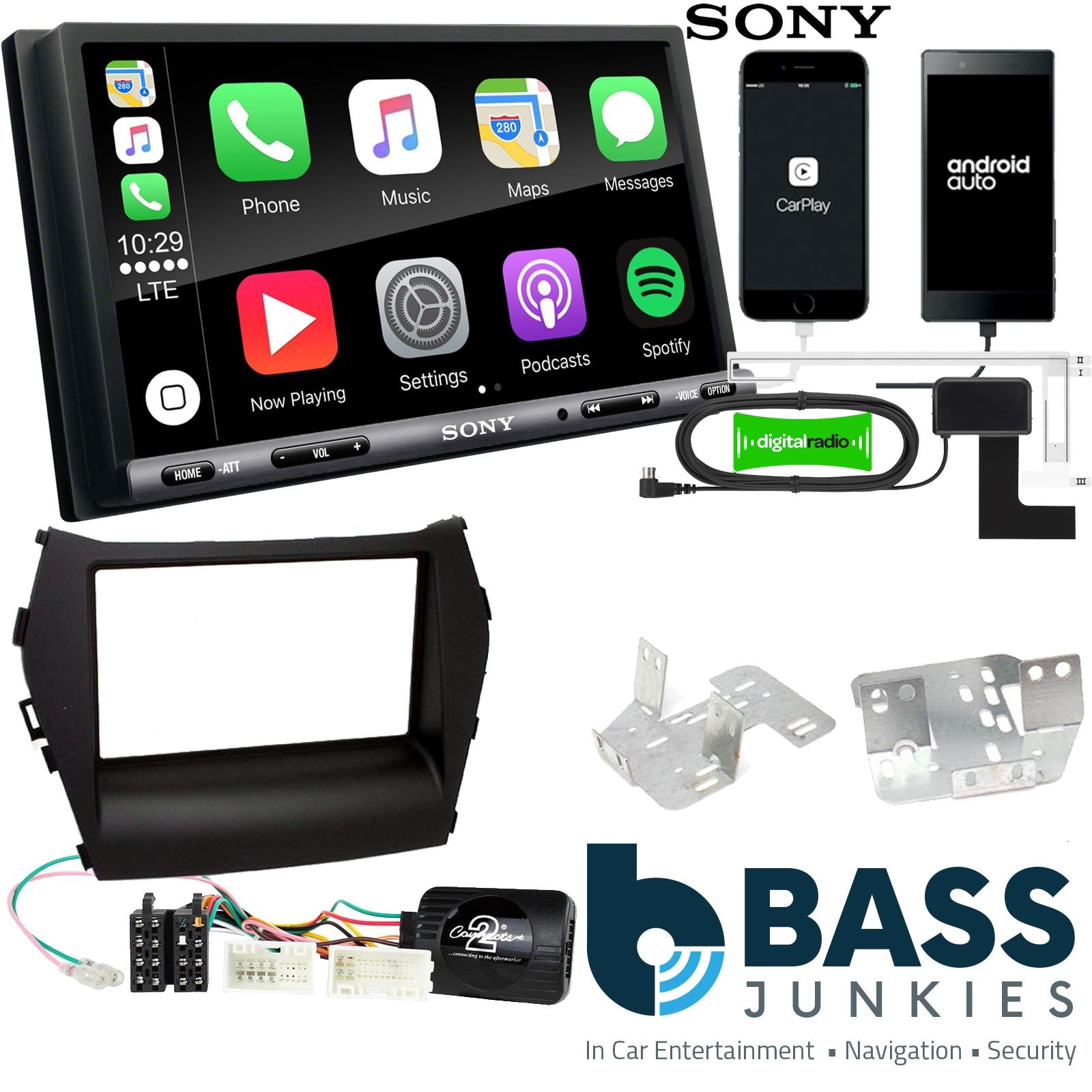 SONY DAB+ Apple | Android Double Din Stereo Fitting Kit + Steering Wheel Stalk Controls to fit Hyundai Santa-Fe 2013-18