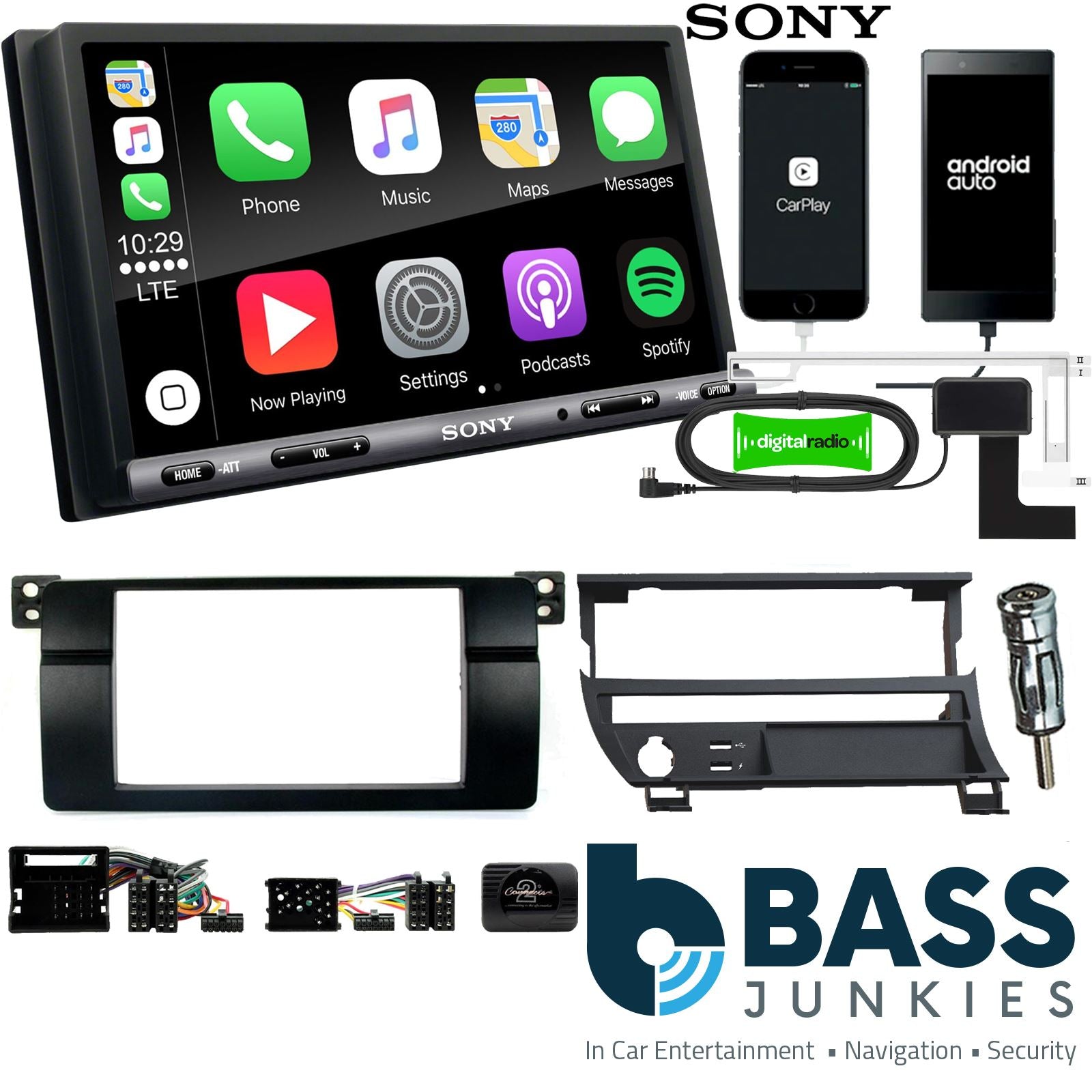 SONY DAB+ Apple | Android Double Din Stereo Fitting Kit + Steering Wheel Stalk Controls to fit BMW 3-Series 1998-05