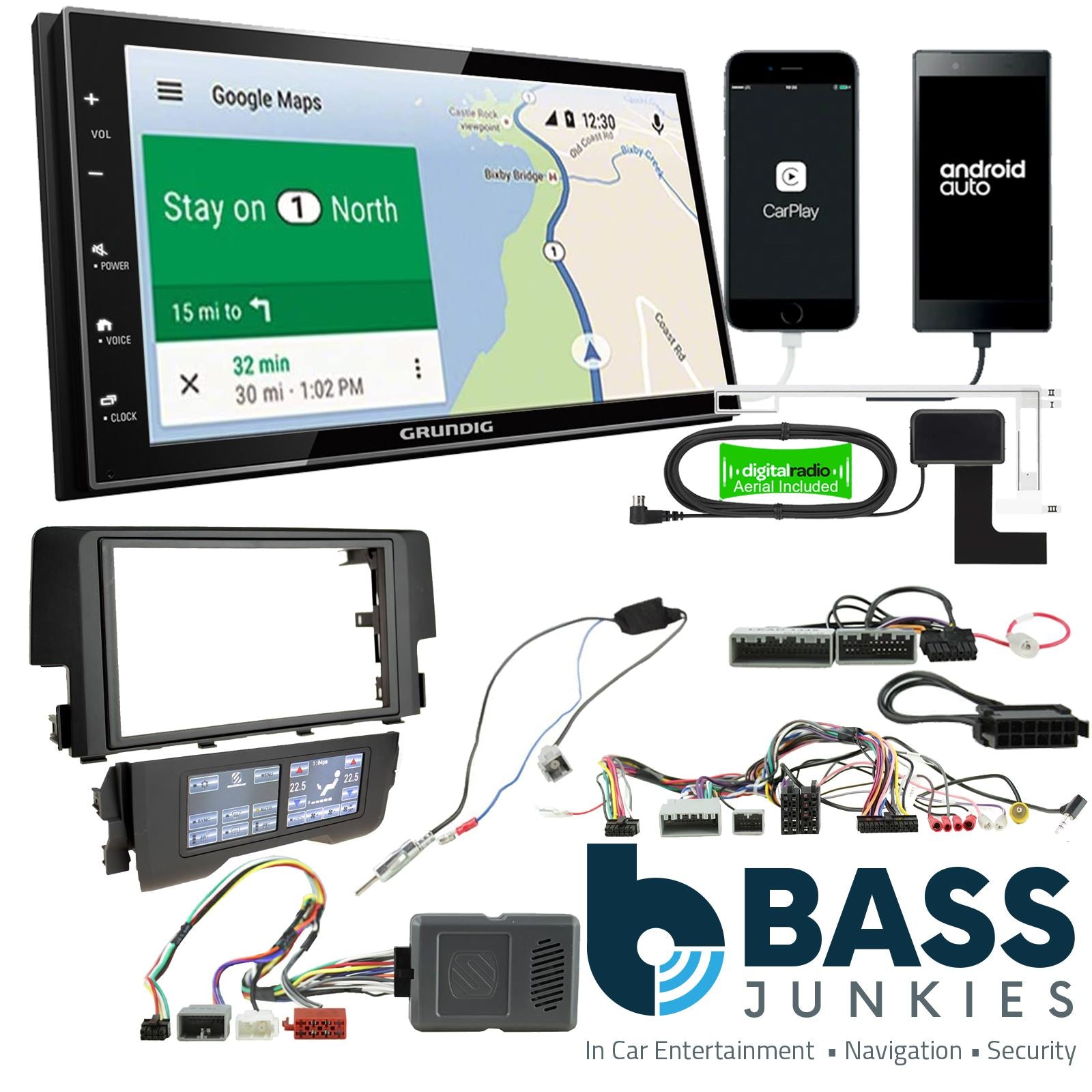 Grundig 6.8" Apple Android Double Din Stereo Fitting Kit + Steering Wheel Stalk Controls to fit Honda Civic 2016-21