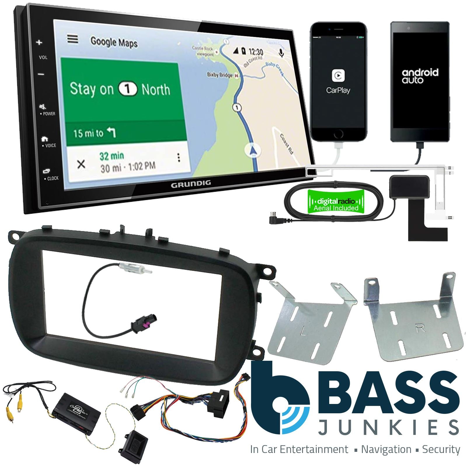 Grundig 6.8" Apple Android Double Din Stereo Fitting Kit + Steering Wheel Stalk Controls to fit Fiat 500X 2015-21