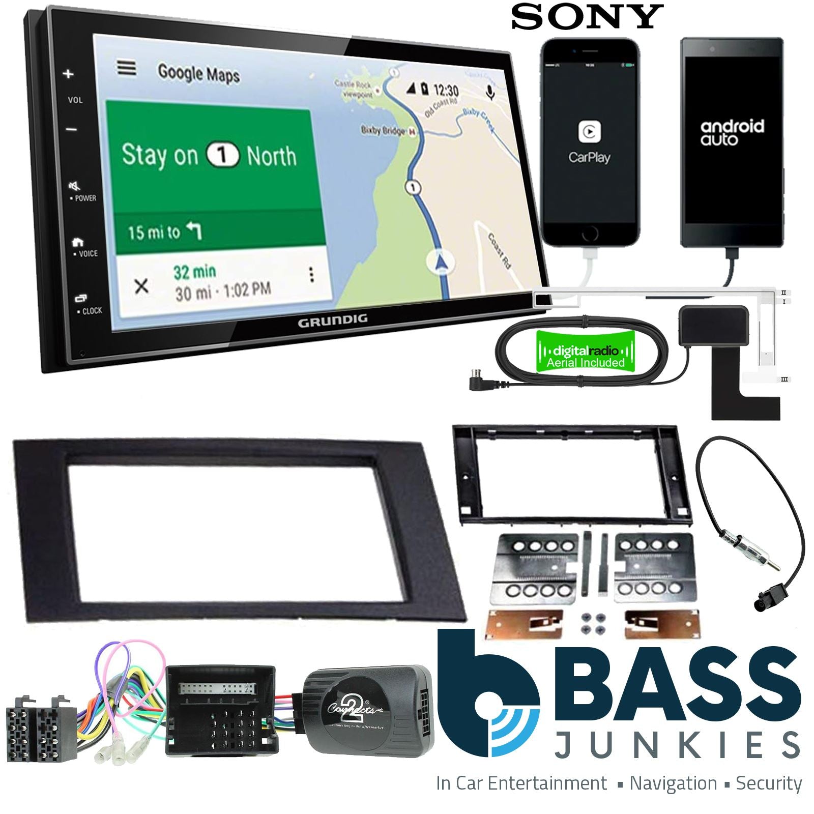 Grundig 6.8" Apple Android Double Din Stereo & Fitting Kit + Steering Wheel Stalk Controls to fit Ford C-Max 03-10 | Fiesta 05-08 | Focus 04-07 | Fusion 05-12 | Galaxy 06- | Kuga 08-12 | Transit 06-13