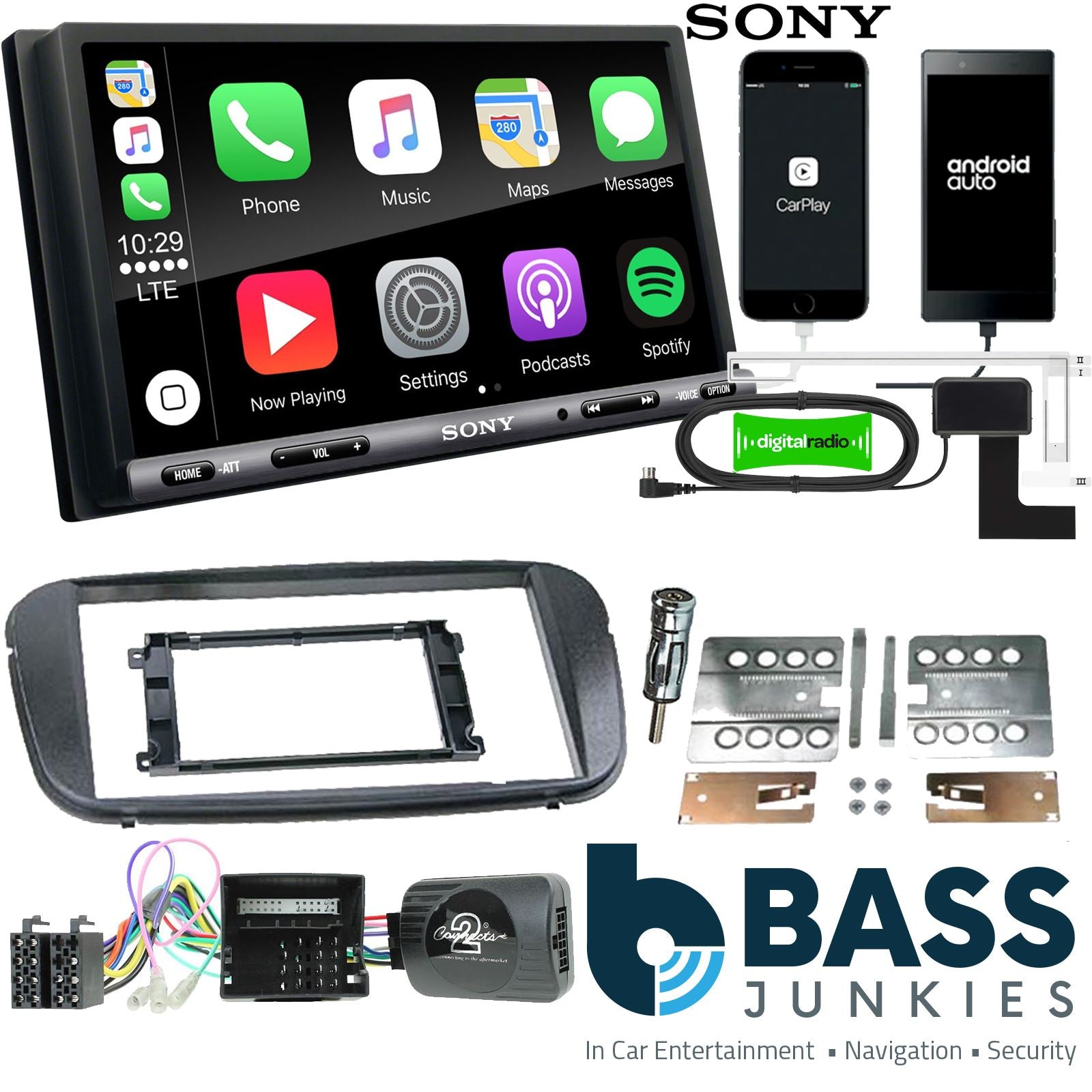 SONY DAB+ Apple | Android Double Din Stereo Fitting Kit + Steering Wheel Stalk Controls to fit Ford Focus 2007-11 | Ford Mondeo 2007-14