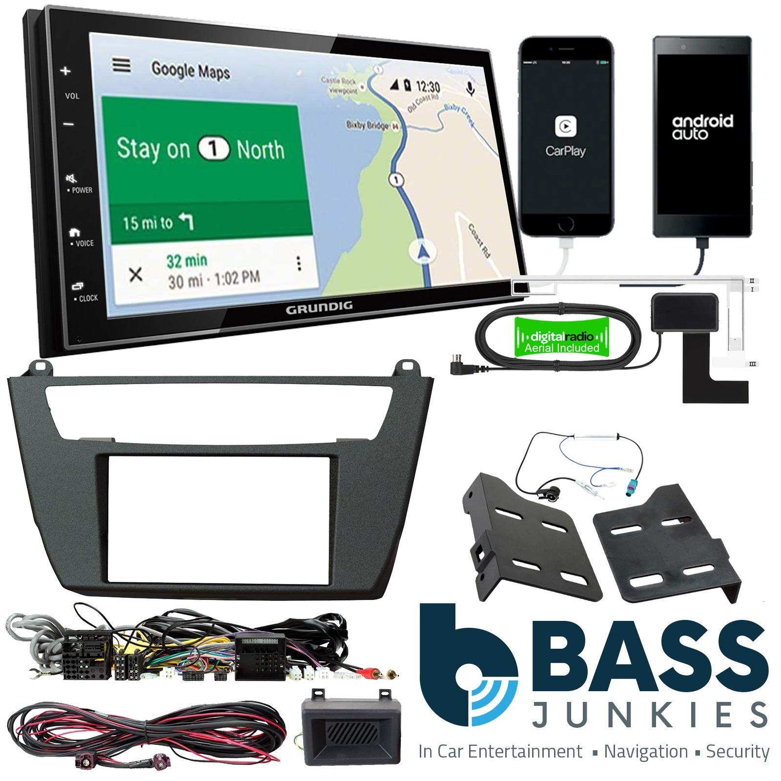 Grundig 6.8" Apple Android Double Din Stereo Fitting Kit + Steering Wheel Stalk Controls to fit BMW 2 Series 2014- | BMW 1-Series 2012-16