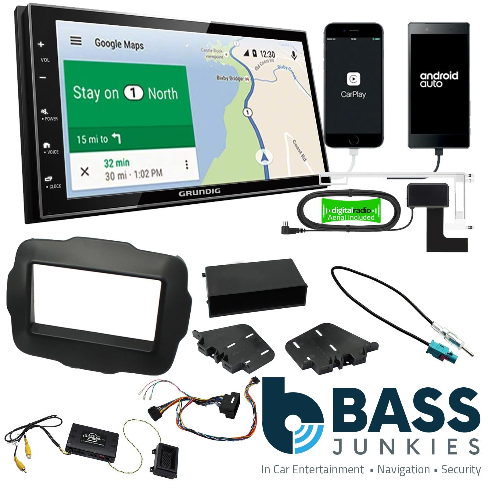 Grundig 6.8" Apple Android Double Din Stereo Fitting Kit + Steering Wheel Stalk Controls to fit Jeep Renegade 2015-21