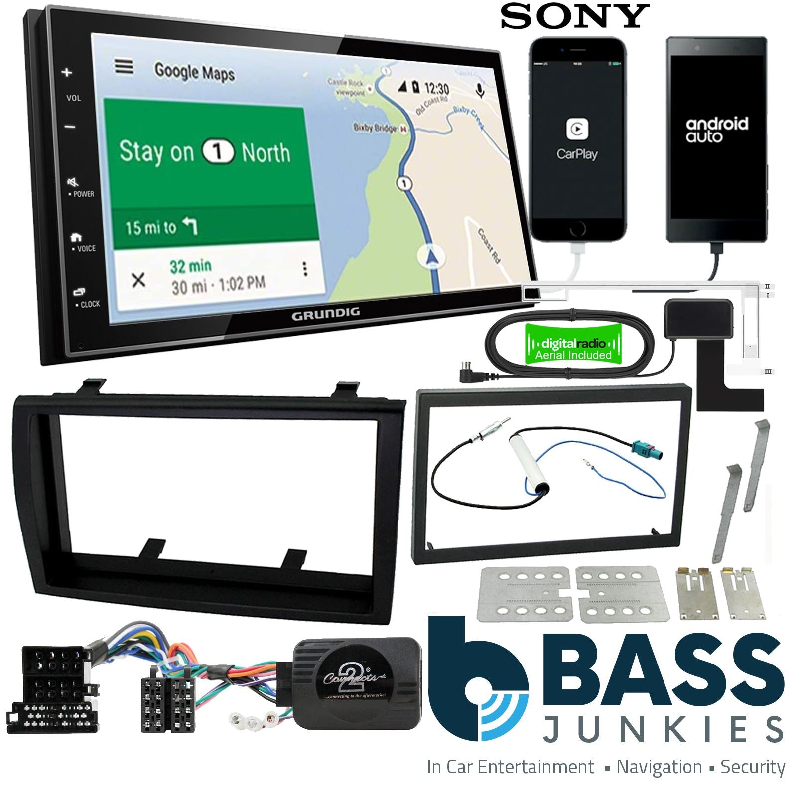 Grundig 6.8" Apple Android Double Din Stereo Fitting Kit + Steering Wheel Stalk Controls to fit Peugeot Boxer 2008-11