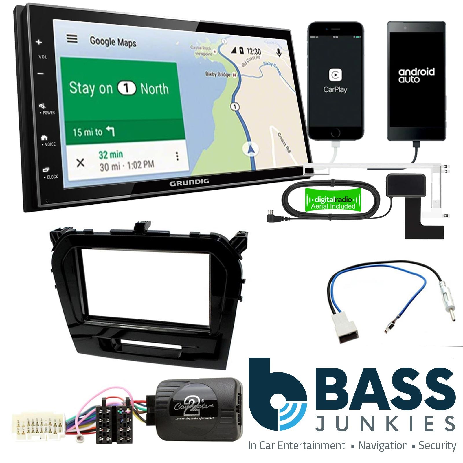 Grundig 6.8" Apple Android Double Din Stereo Fitting Kit + Steering Wheel Stalk Controls to fit Suzuki Vitara 2015-18