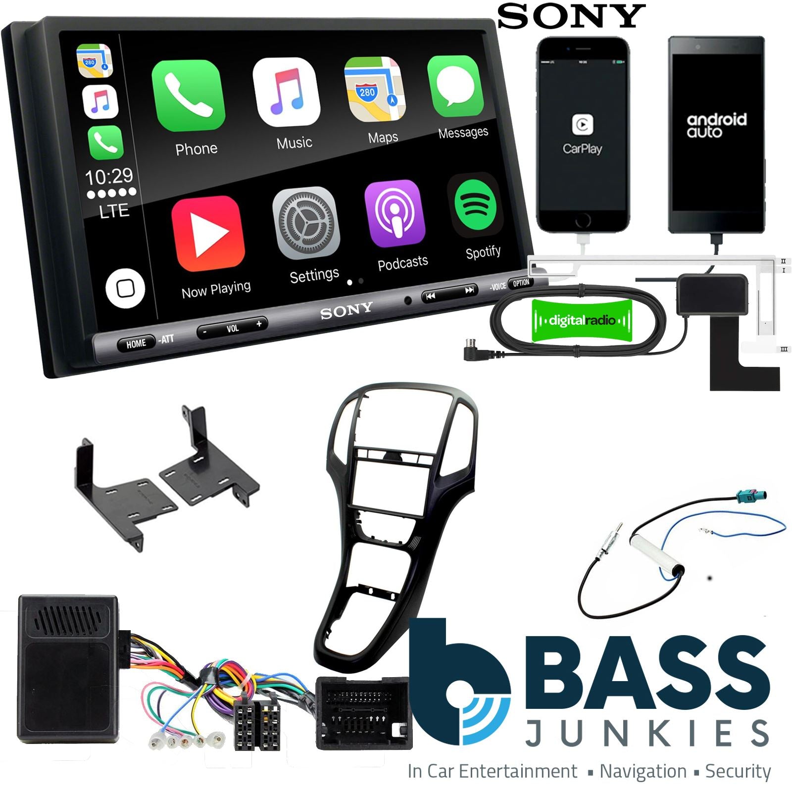 SONY DAB+ Apple | Android Double Din Stereo Fitting Kit + Steering Wheel Stalk Controls to fit Vauxhall Astra 2010-15