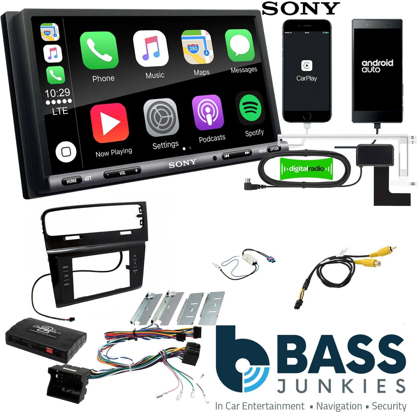 SONY DAB+ Apple | Android Double Din Stereo Fitting Kit + Steering Wheel Stalk Controls to fit VW Golf 2012-18