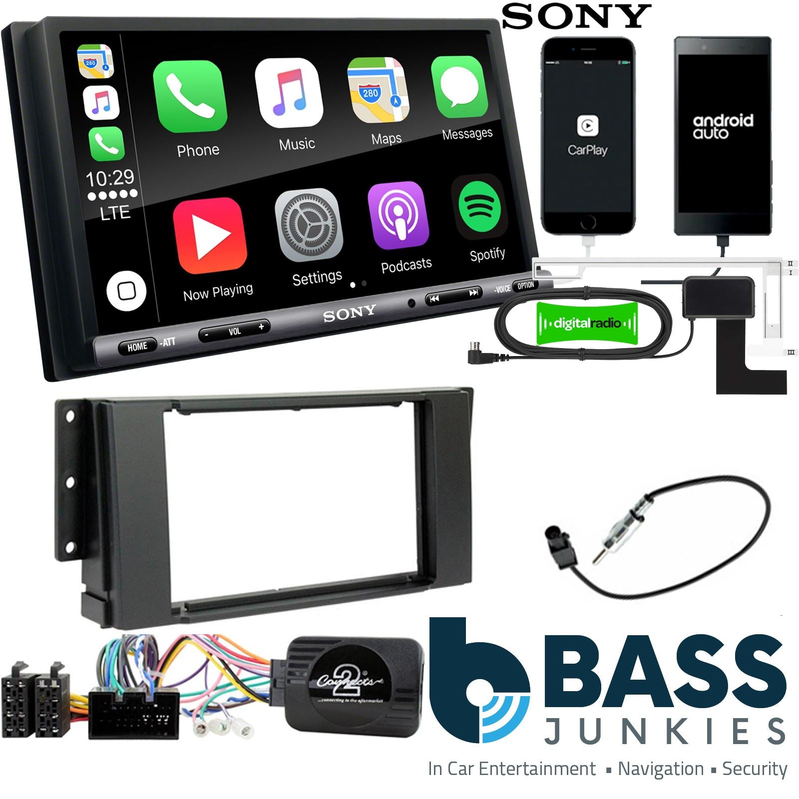 SONY DAB+ Apple | Android Double Din Stereo Fitting Kit + Steering Wheel Stalk Controls to fit Land Rover Freelander 07-14