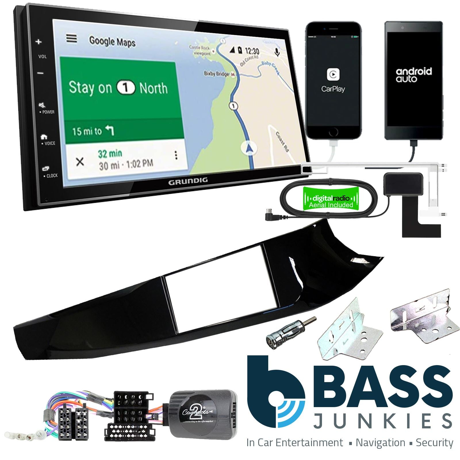 Grundig 6.8" Apple Android Double Din Stereo Fitting Kit + Steering Wheel Stalk Controls to fit Alfa Romeo Giulietta 10-14