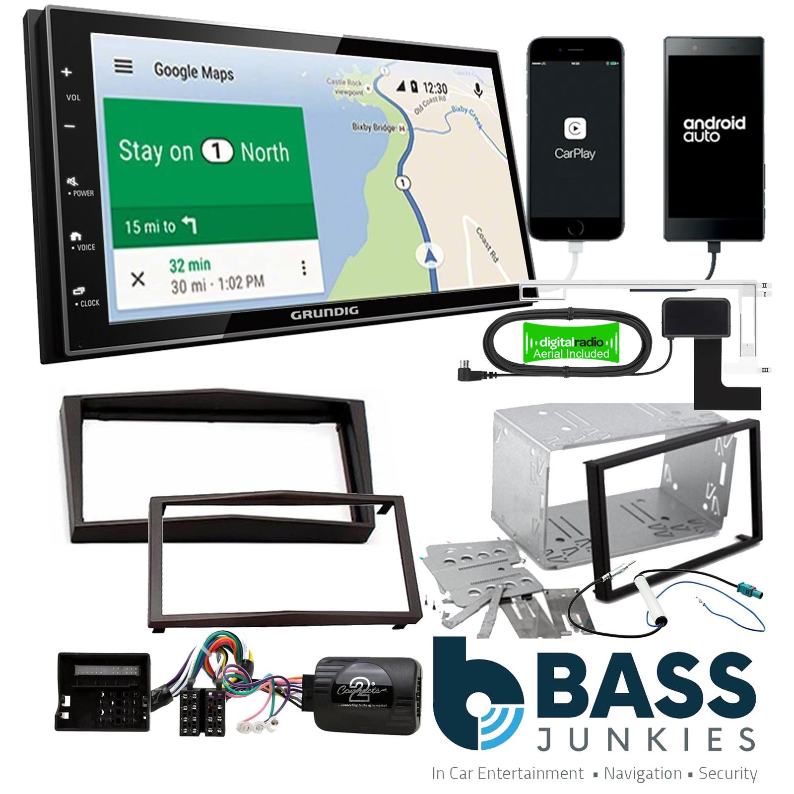 Grundig 6.8" Apple Android Double Din Stereo Fitting Kit + Steering Wheel Stalk Controls to fit Vauxhall Antara 2010-15